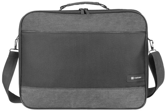 Egy fekete-szürke laptop táska vállpánttal és szürke fogantyúval.