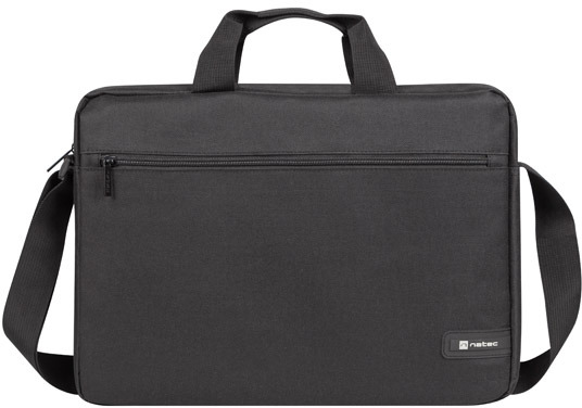 Fekete laptop táska fogantyúval, vállpánttal és cipzáras zsebbel.