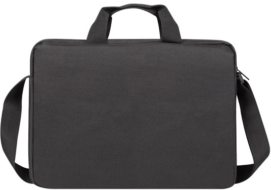 Fekete laptop táska fogantyúval és vállpánttal. Cipzárja és téglalap alakja van.