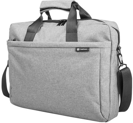 Szürke szövet laptop táska elülső zsebbel, fogantyúval, vállpánttal és Natec logóval.