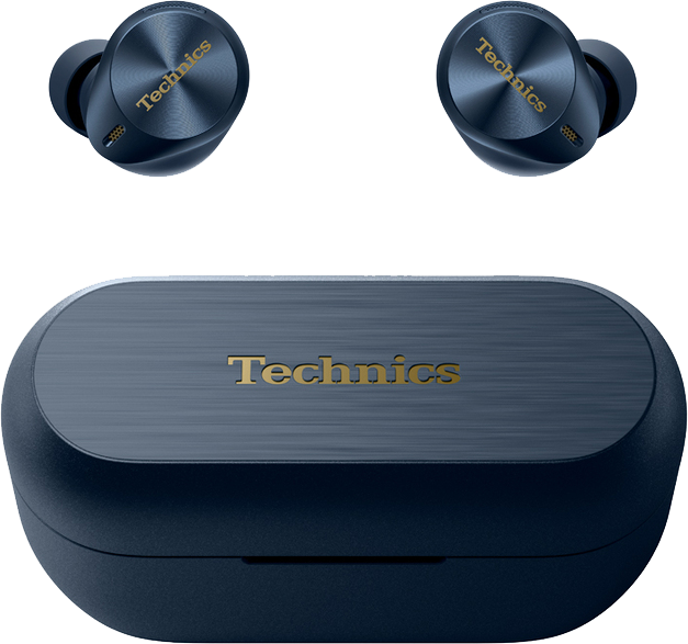Tengerészkék Technics fülhallgatók és töltőtok. Arany Technics logó mindkét fülhallgatón és a tokon.