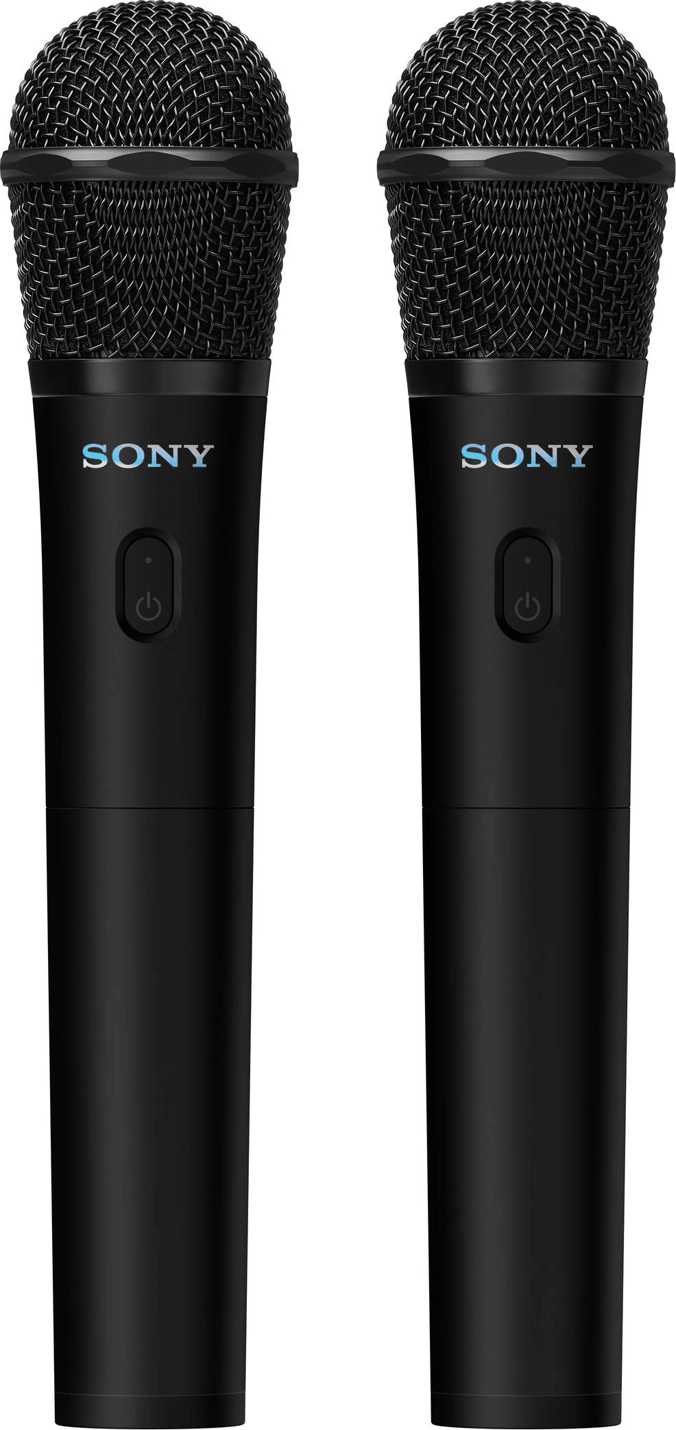 Két fekete Sony mikrofon hálós tetővel, fehér háttérrel.