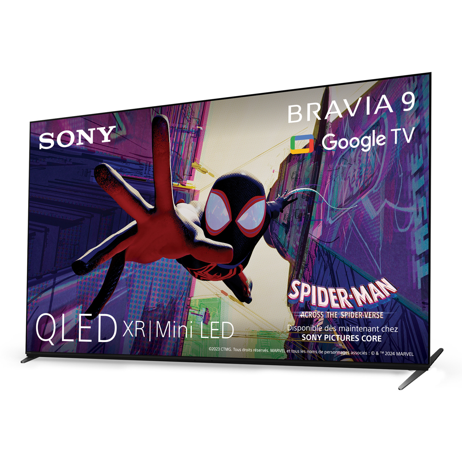 TV Sony Bravia montre Spider-Man. Image stylisée de Spider-Man tendant la main sur l'écran.