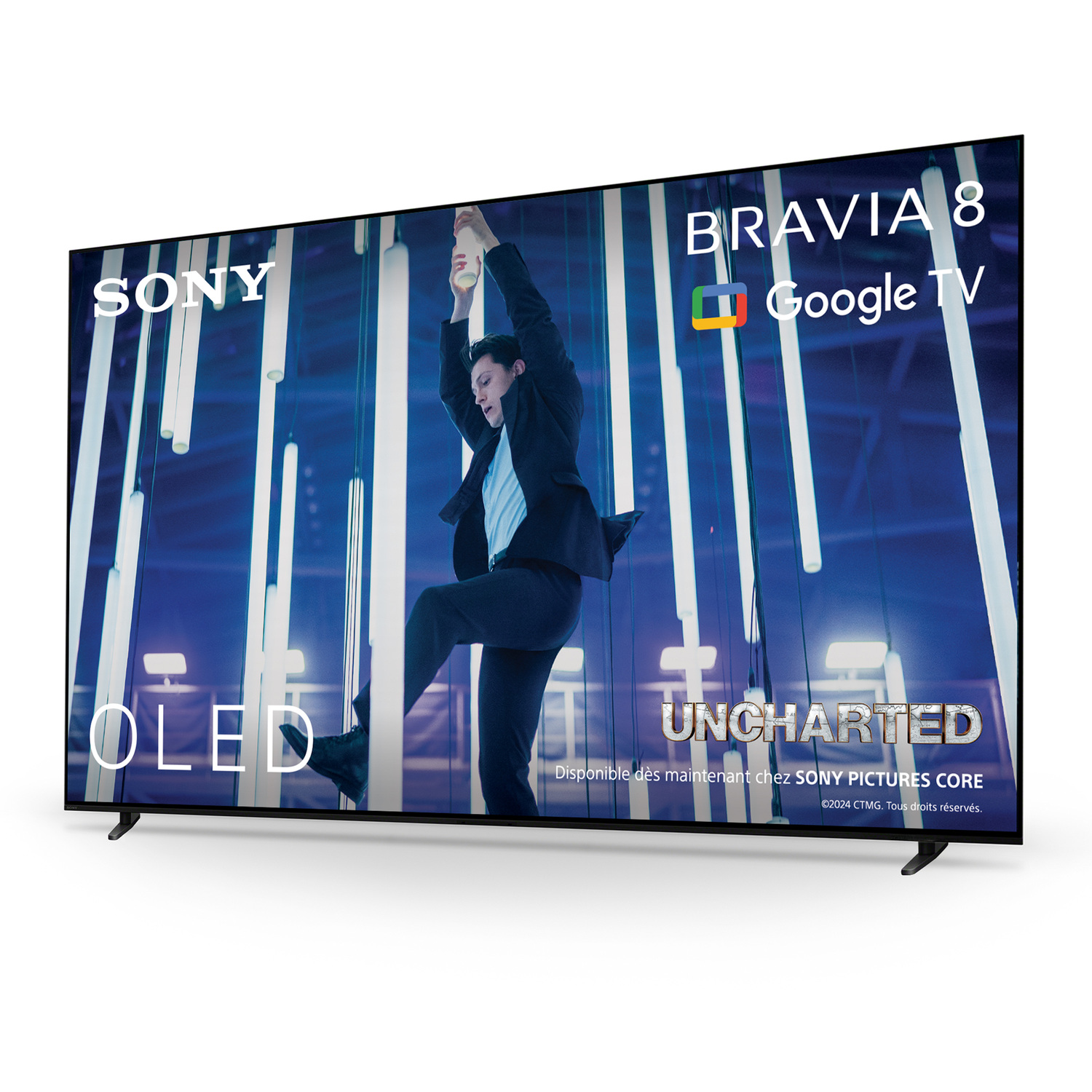 Een grote Sony OLED tv toont een actiefilm. De tv is voorzien van Sony, OLED en Uncharted.
