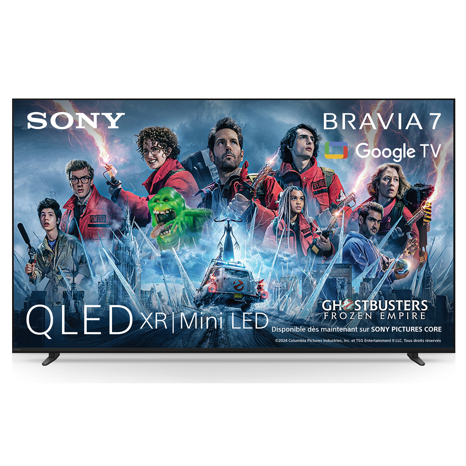 TV Sony QLED affichant 'Ghostbusters: Frozen Empire'. L'écran montre les personnages du film.