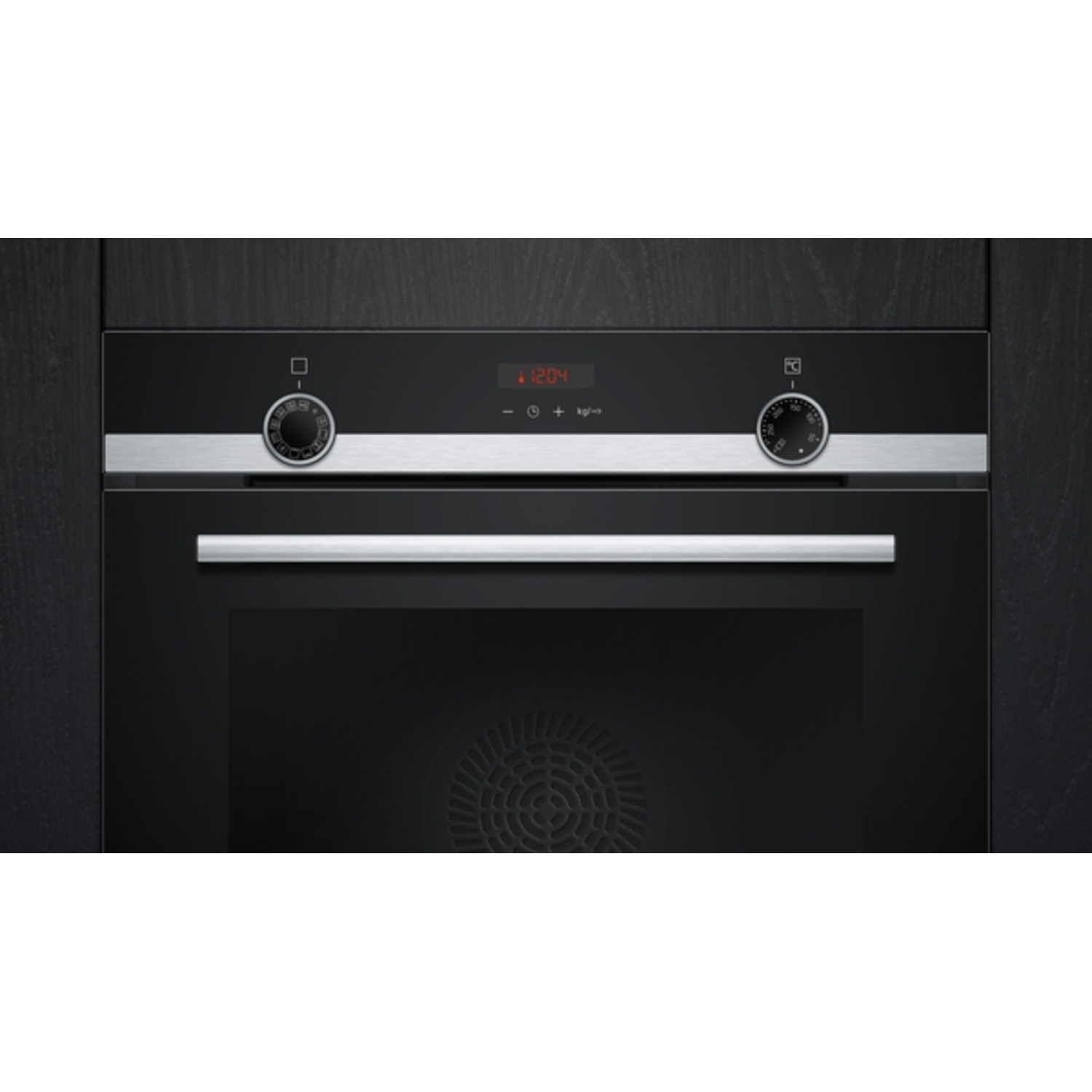 Close-up of a black oven with control panel. Knobs and digital display visible. Minimalist design.