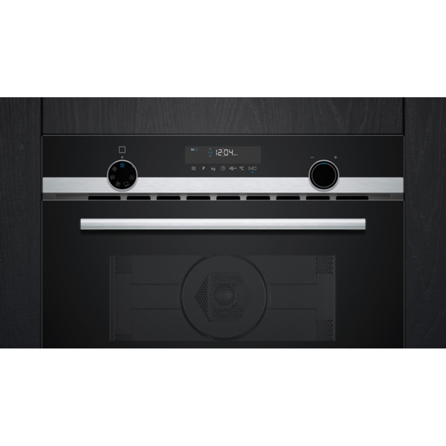 Black oven with a digital display and two control knobs, set against a dark background.