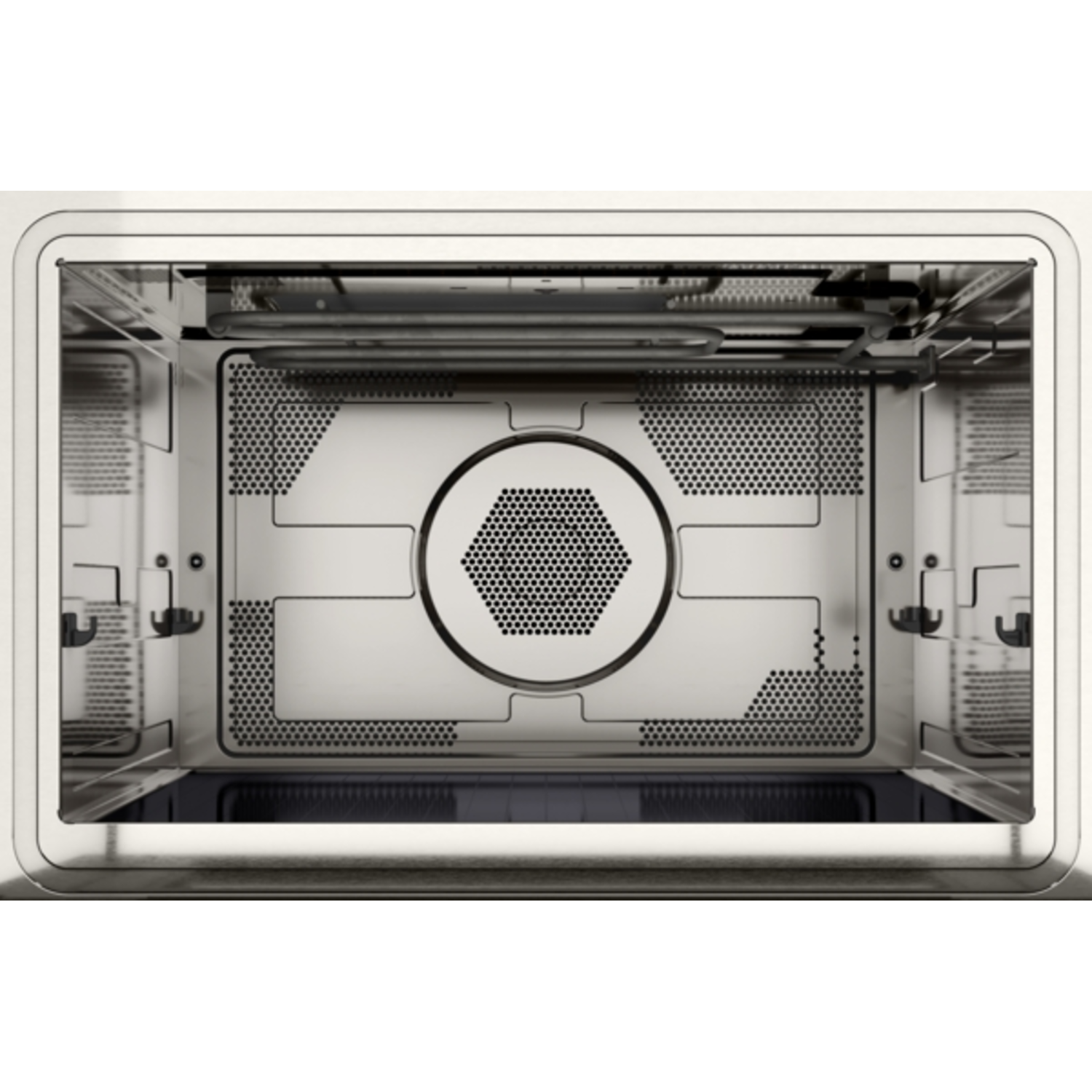 Inside of a microwave oven with a black hexagonal grill.