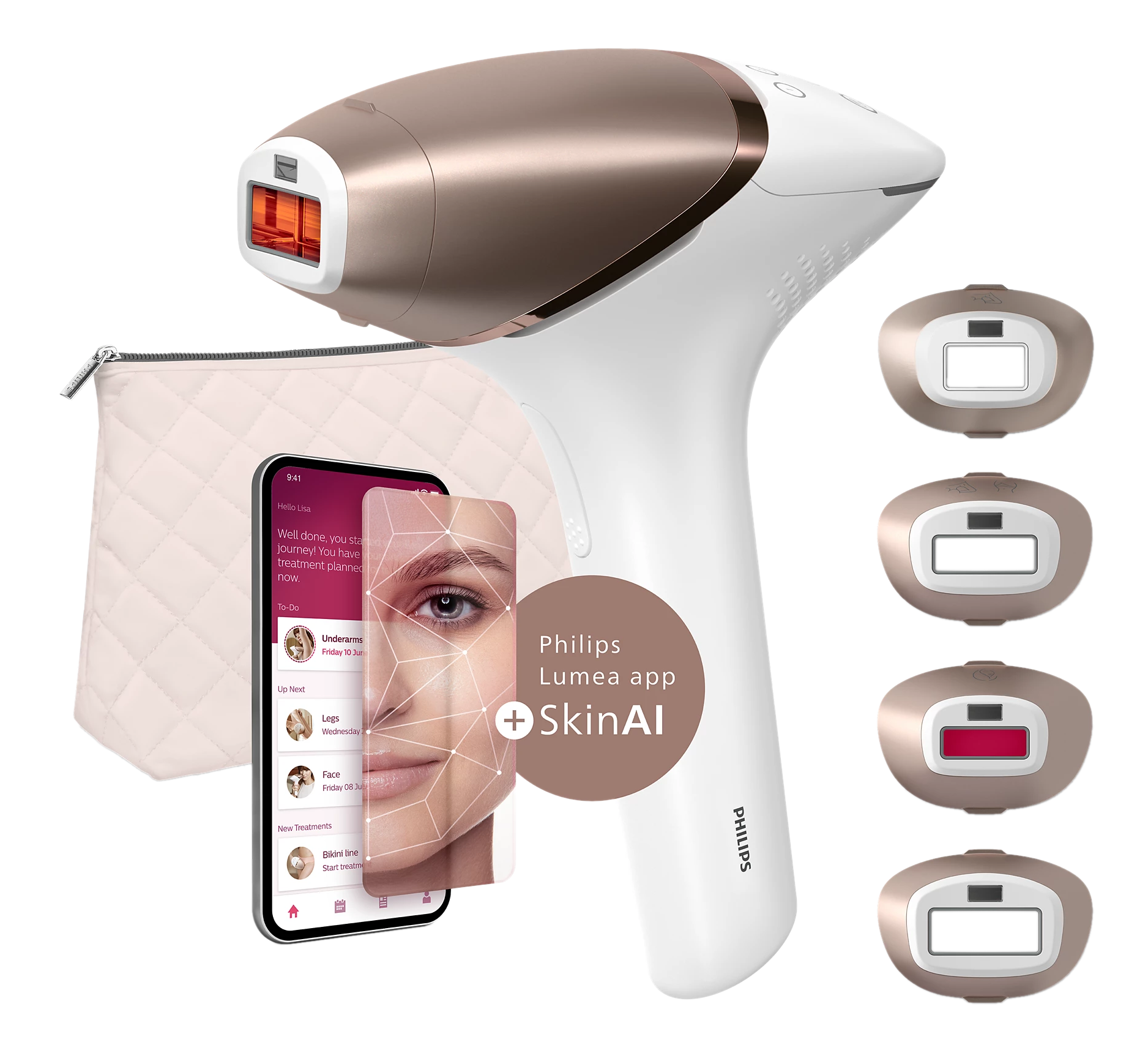 Dispositivo di epilazione Philips Lumea, bianco e oro rosa, con accessori e telefono con app.