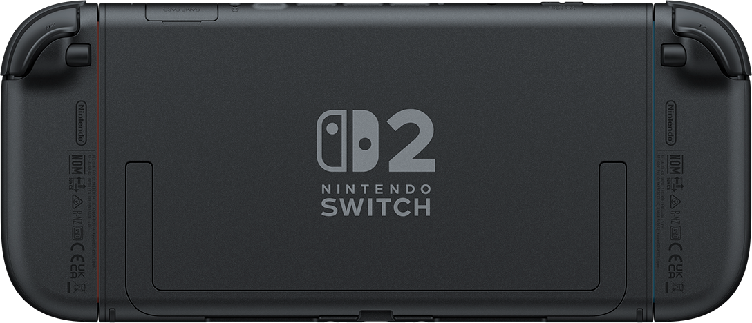 Egy fekete Nintendo Switch konzol hátulja, Nintendo logóval és egy '2'-vel.
