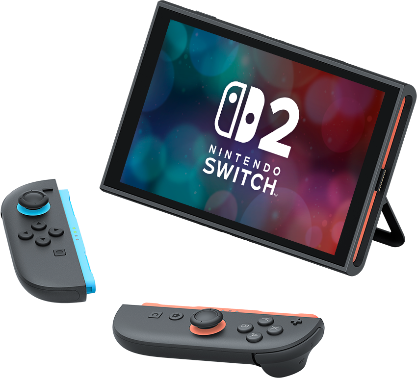 Egy Nintendo Switch konzol levehető vezérlőkkel egy játékbeállításban.