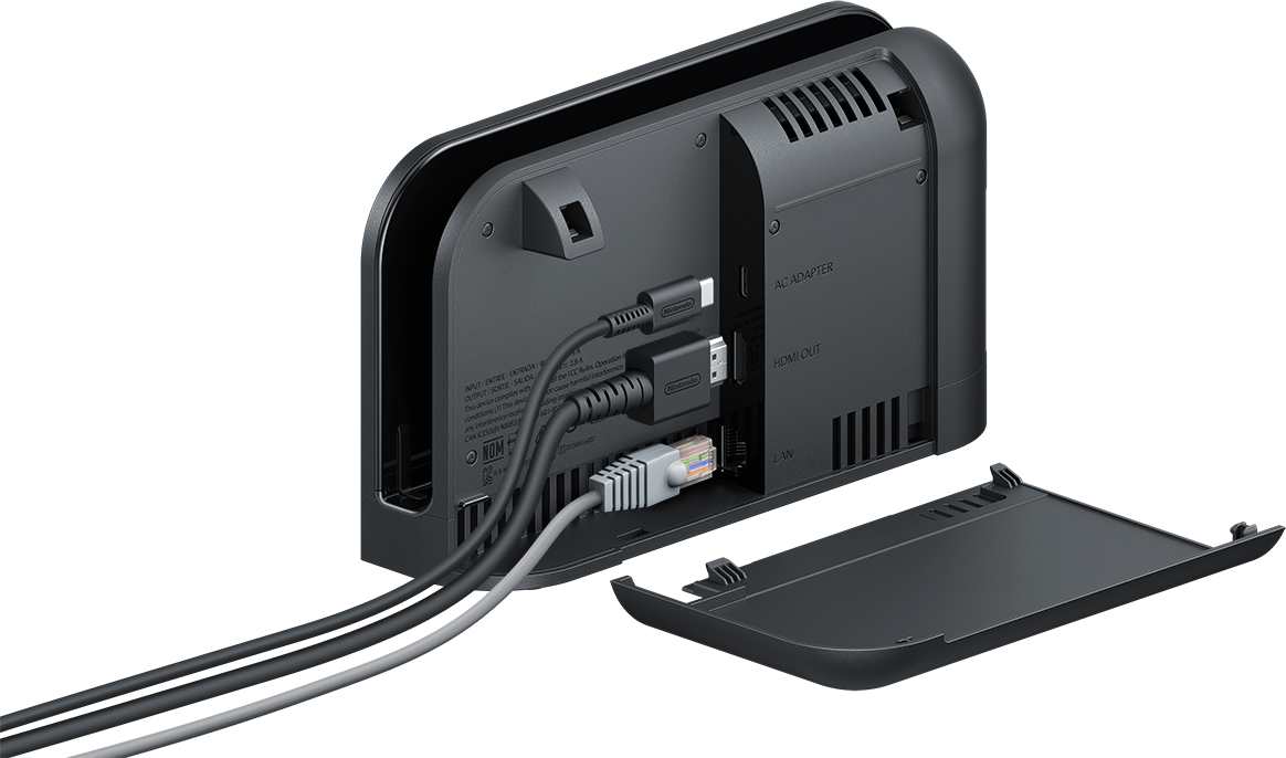 Fekete Nintendo Switch dokkoló, hátulról, csatlakoztatott kábelekkel. HDMI, LAN és AC adapter portok.