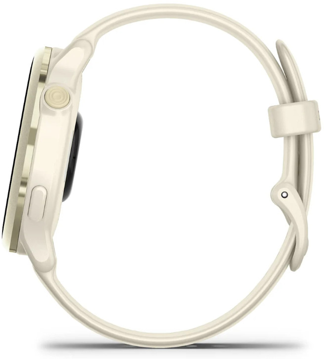 Widok z boku kremowego smartwatcha z białym paskiem. Czarny ekran. Logo Garmin.