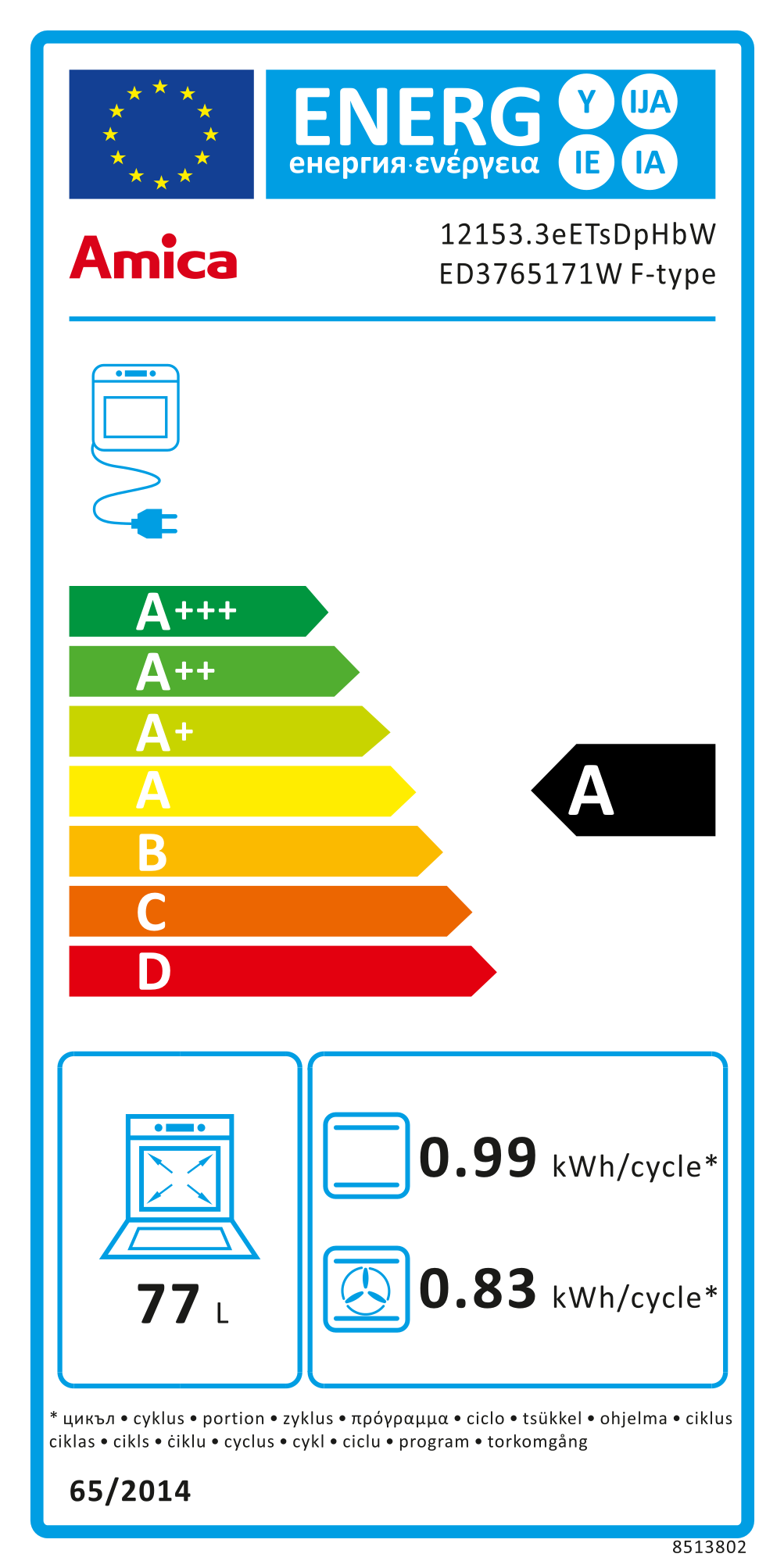 Energia címke Amica sütőhöz, A energiahatékonysági osztályt és egyéb specifikációkat mutatva.