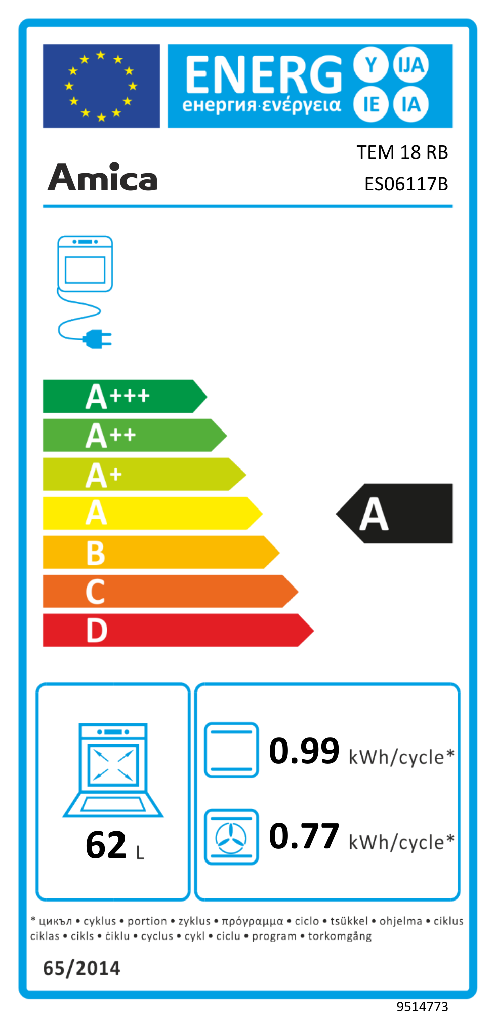 Egy energiacímke, amely egy Amica sütő energiahatékonyságát mutatja, A besorolással.