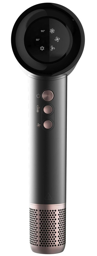 Czarna i różowo-złota suszarka do włosów. Ma przyciski i okrągłą głowicę z elementami w kształcie wentylatora.