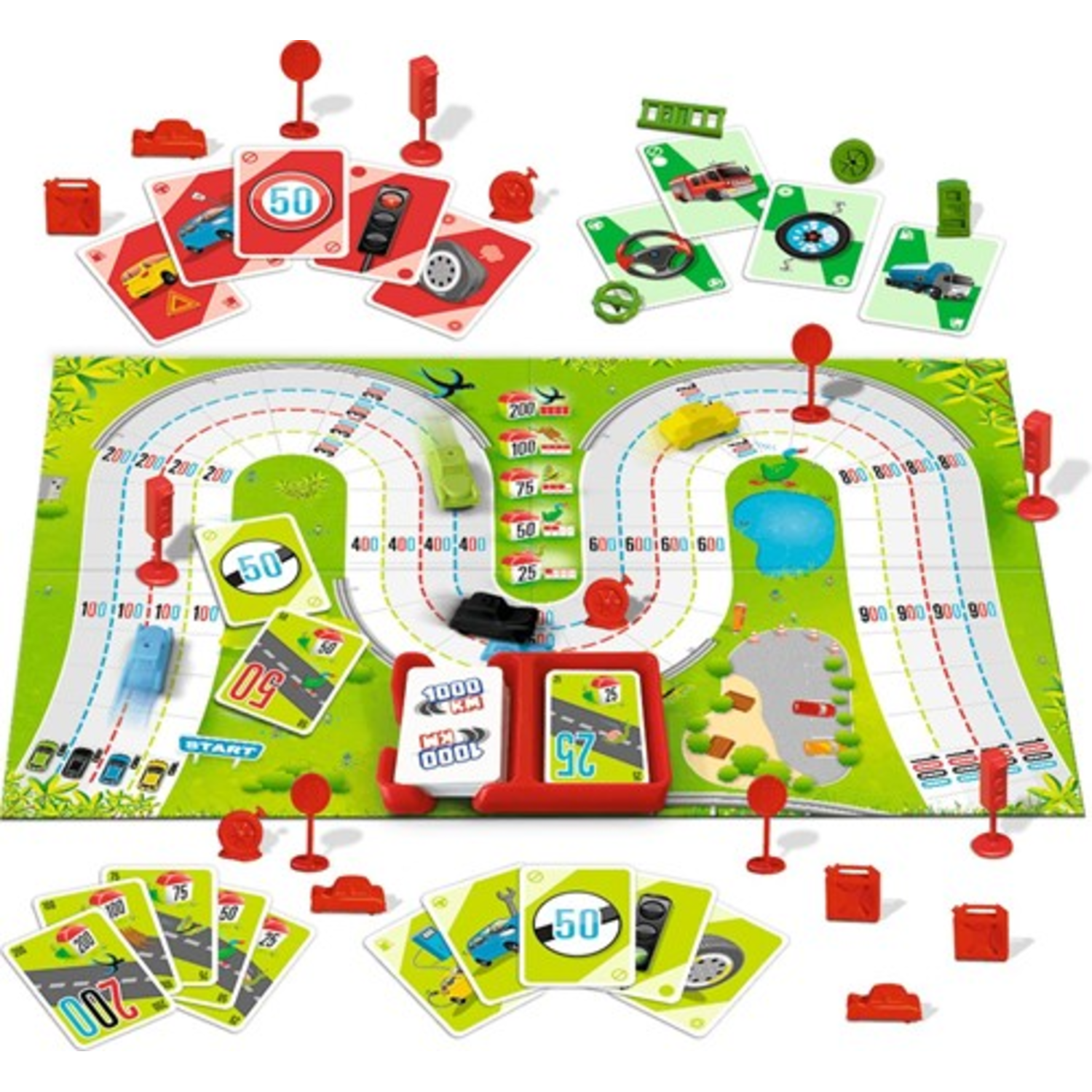 Een bordspel met een racebaan en kaarten.