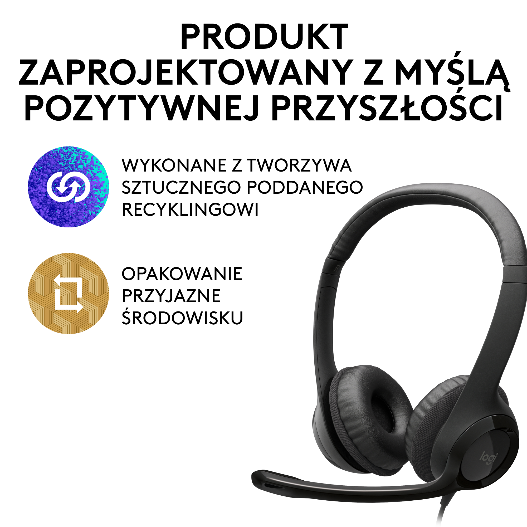 Czarny zestaw słuchawkowy z mikrofonem i tekstem o ekologicznym designie i opakowaniach.