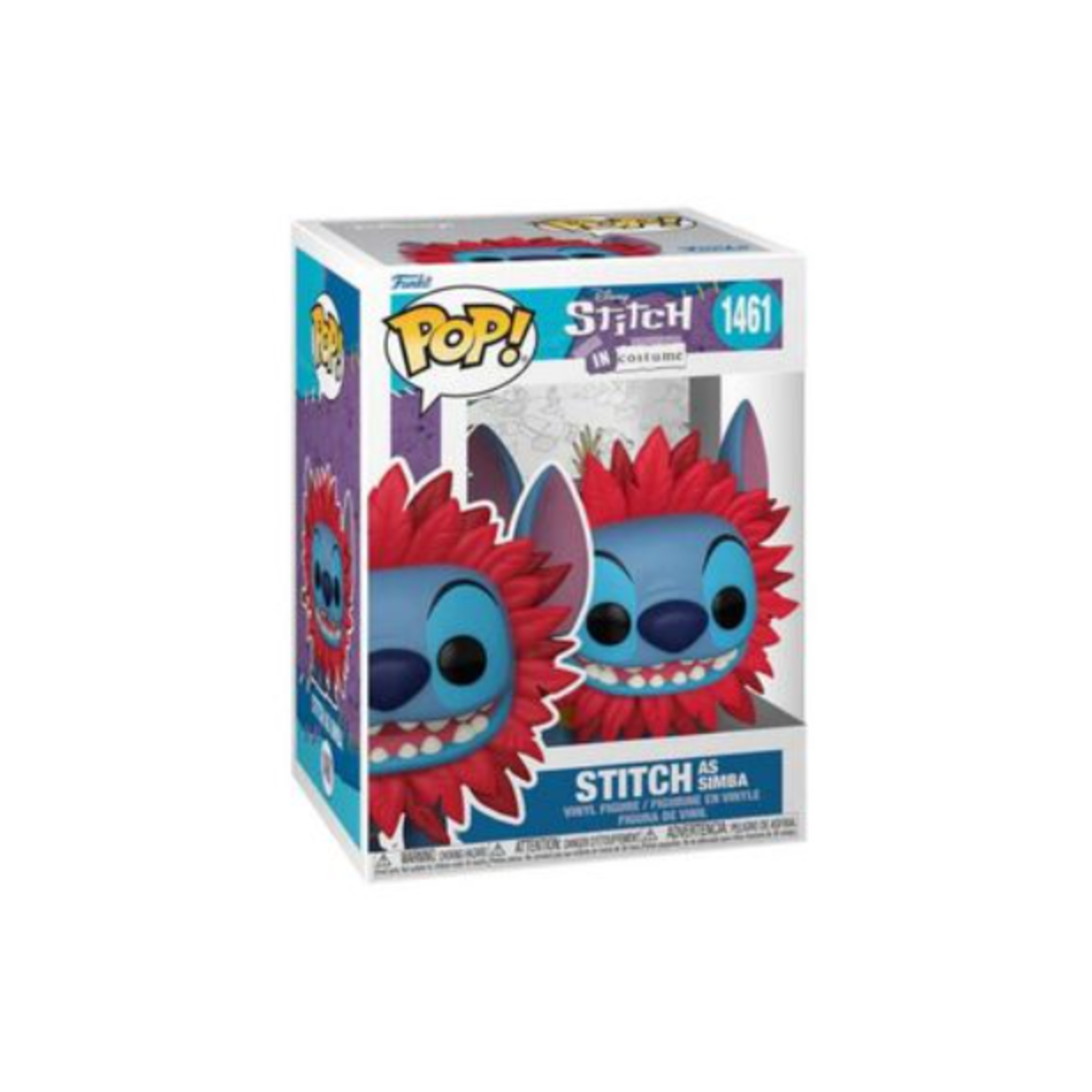 Funko Pop box with Stitch in costume. The figure is blue with red fur. The box is white and blue.