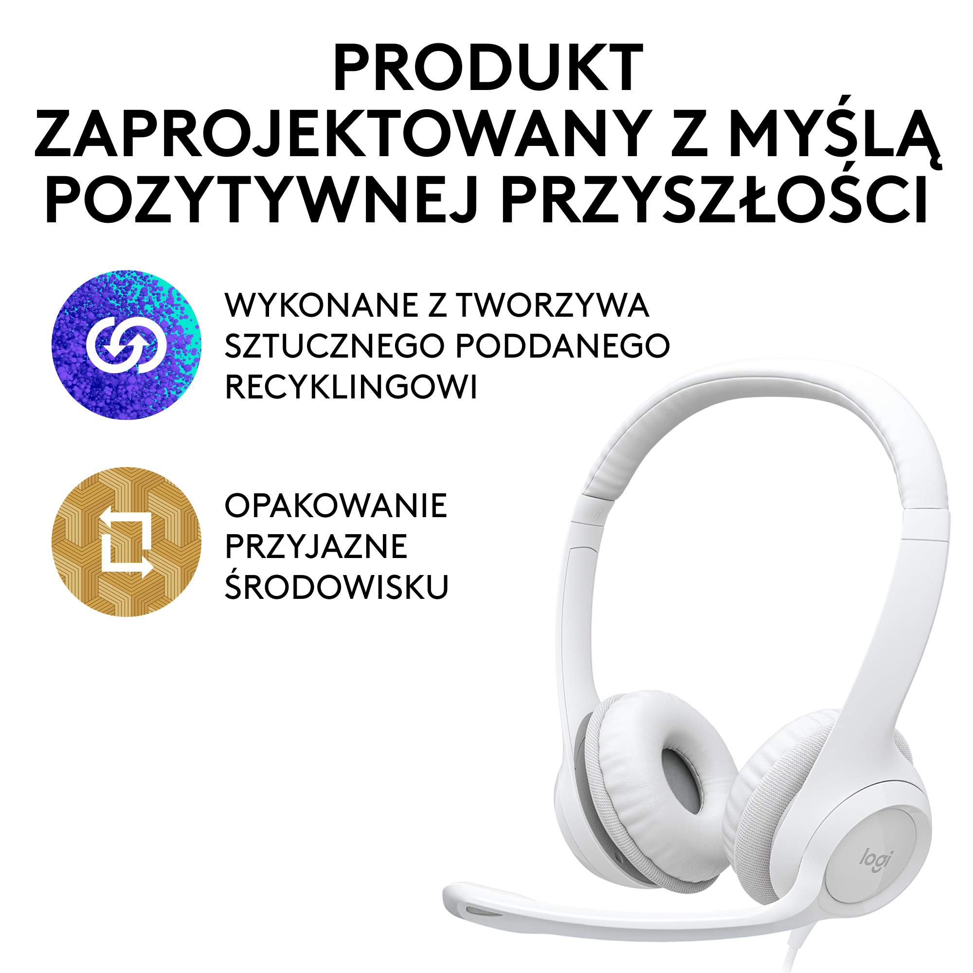 Białe słuchawki z mikrofonem na białym tle, z tekstem o zrównoważonym rozwoju.