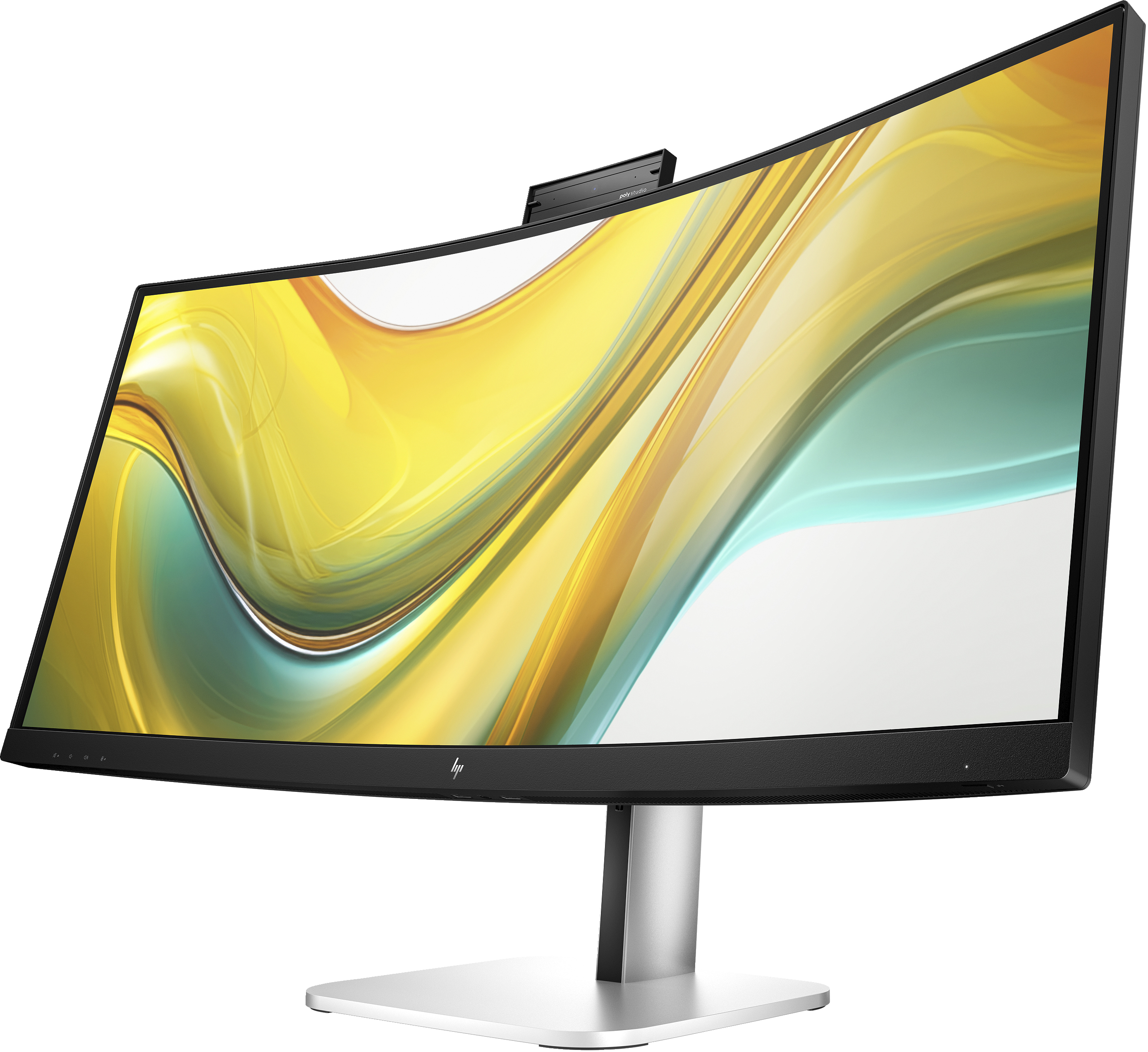 Gebogener Computermonitor mit silbernem Ständer, der einen gelben Hintergrund zeigt.