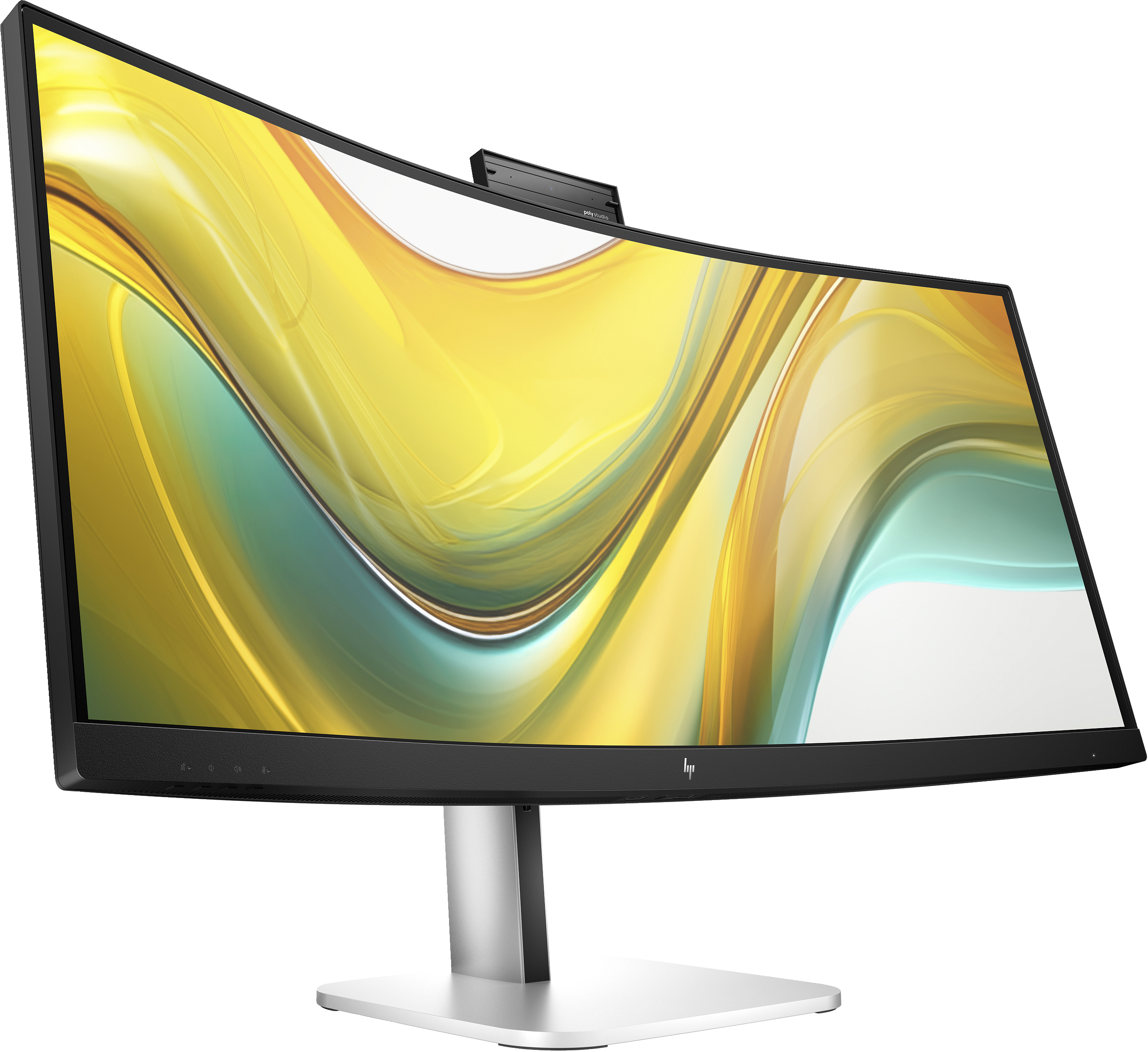 Gebogener Computermonitor mit Webcam oben, der Bildschirm zeigt ein gelb/grünes abstraktes Design.