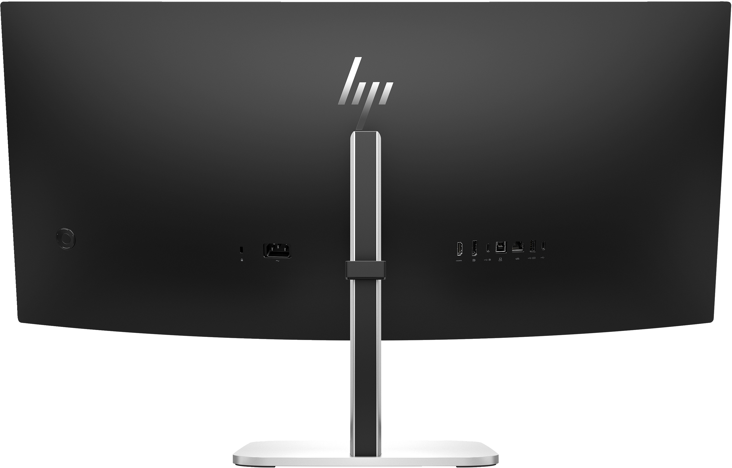Rückseite eines HP-Curved-Monitors. Displayanschlüsse und Stromanschluss, mit Ständer und HP-Logo.