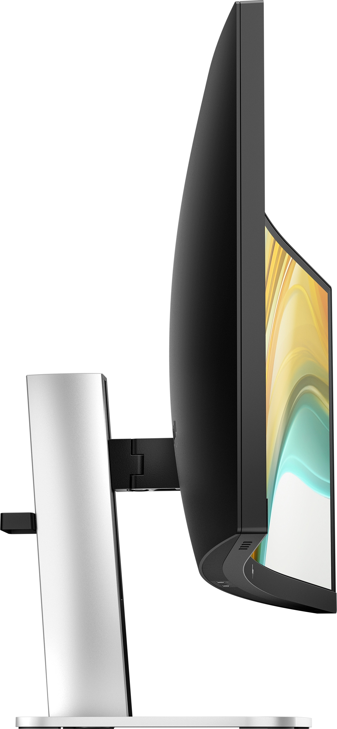 Seitenansicht eines schwarzen Computermonitors auf einem silbernen Ständer.