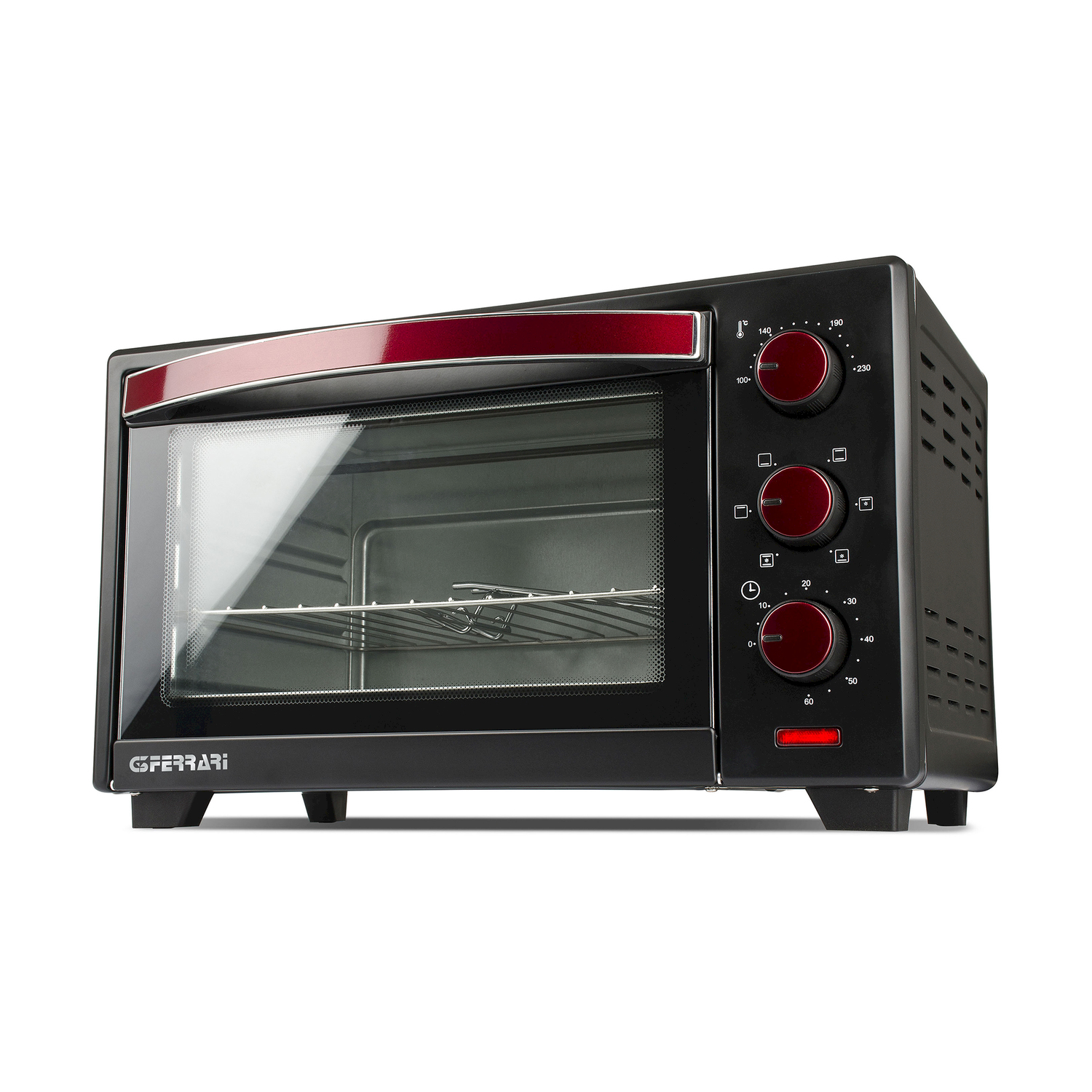 Forno nero con dettagli rossi, porta a vetro e manopole di controllo.
