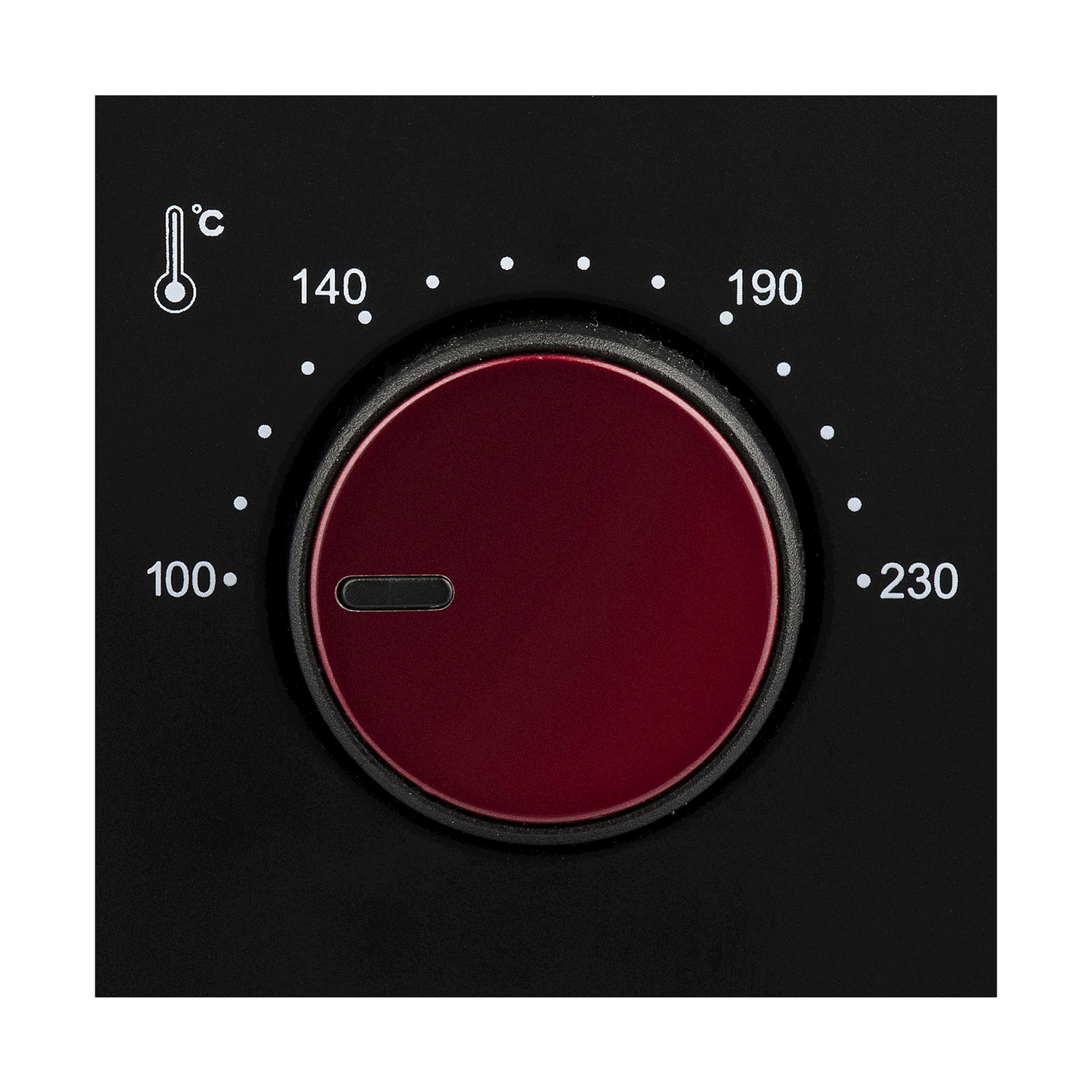 Un quadrante rosso su sfondo nero, con numeri da 100 a 230 e un simbolo di temperatura.