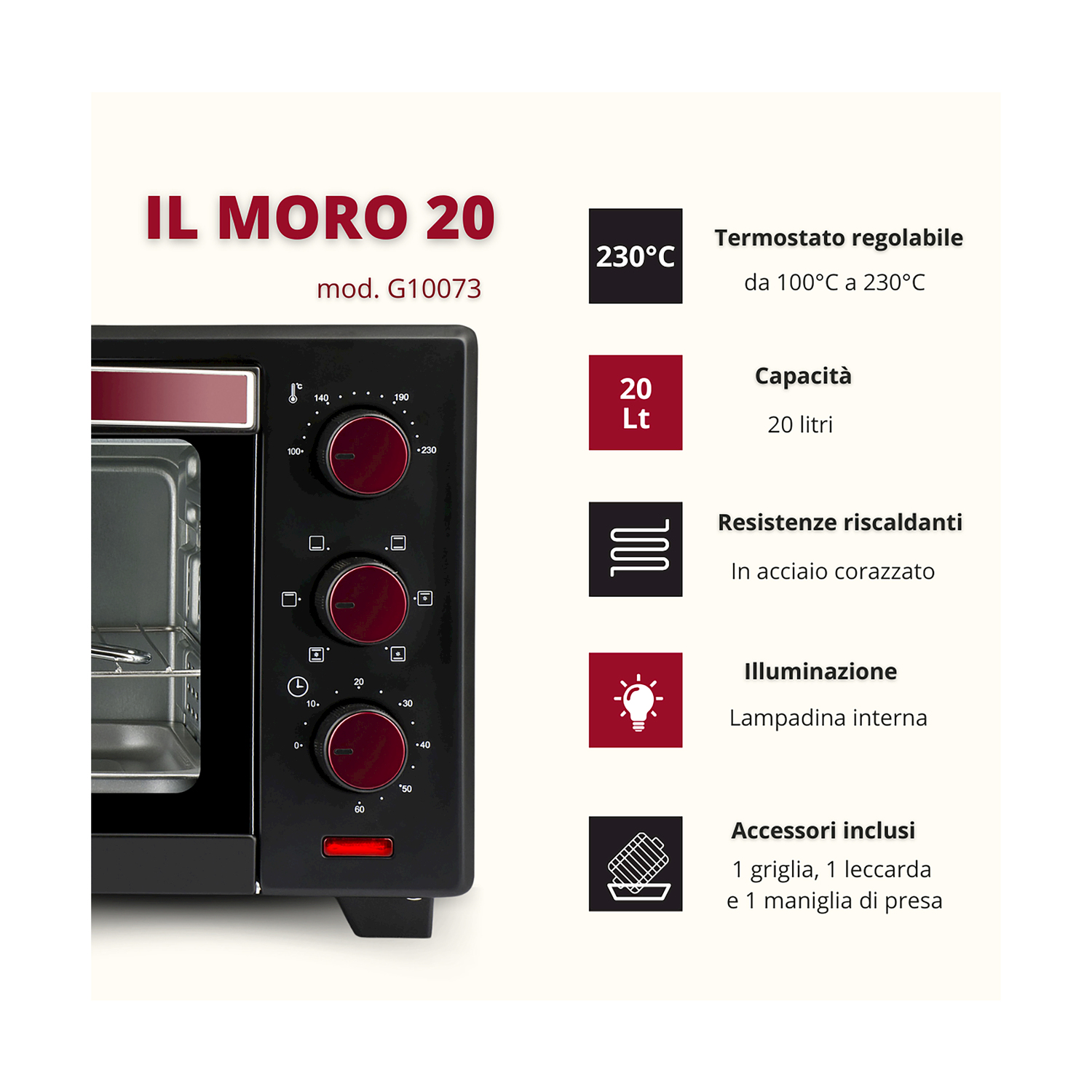 Forno nero con manopole rosse e pannello di controllo. Viene visualizzato il testo su temperatura e accessori.