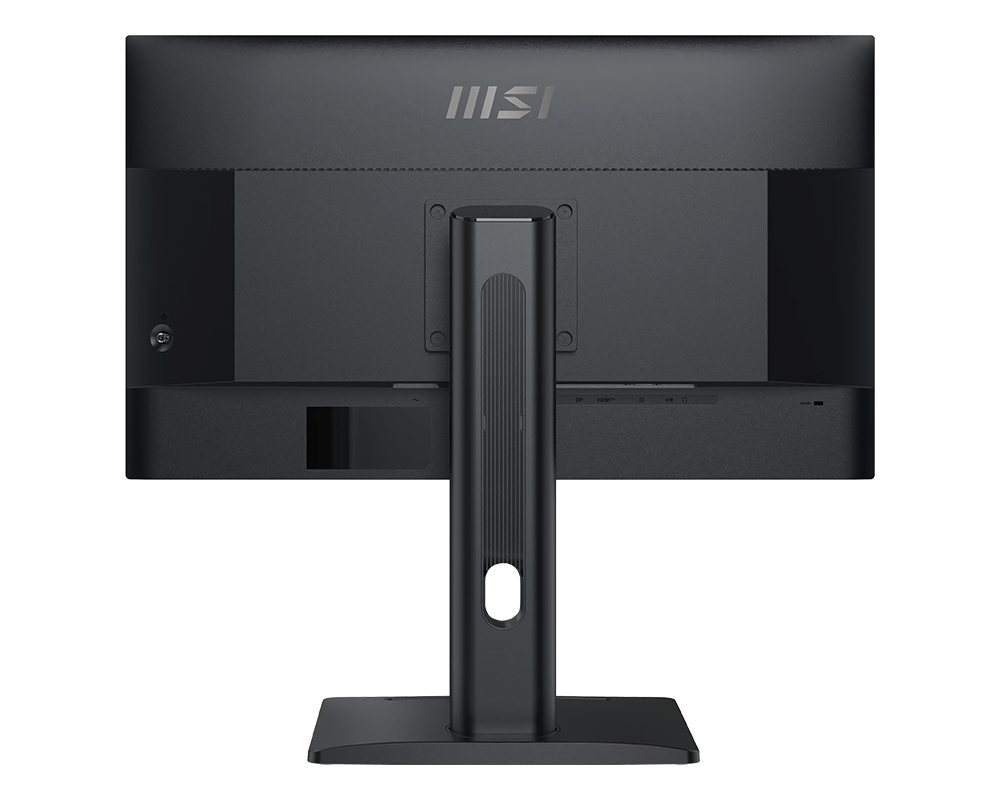 Vista trasera de un monitor MSI negro con soporte y puertos.