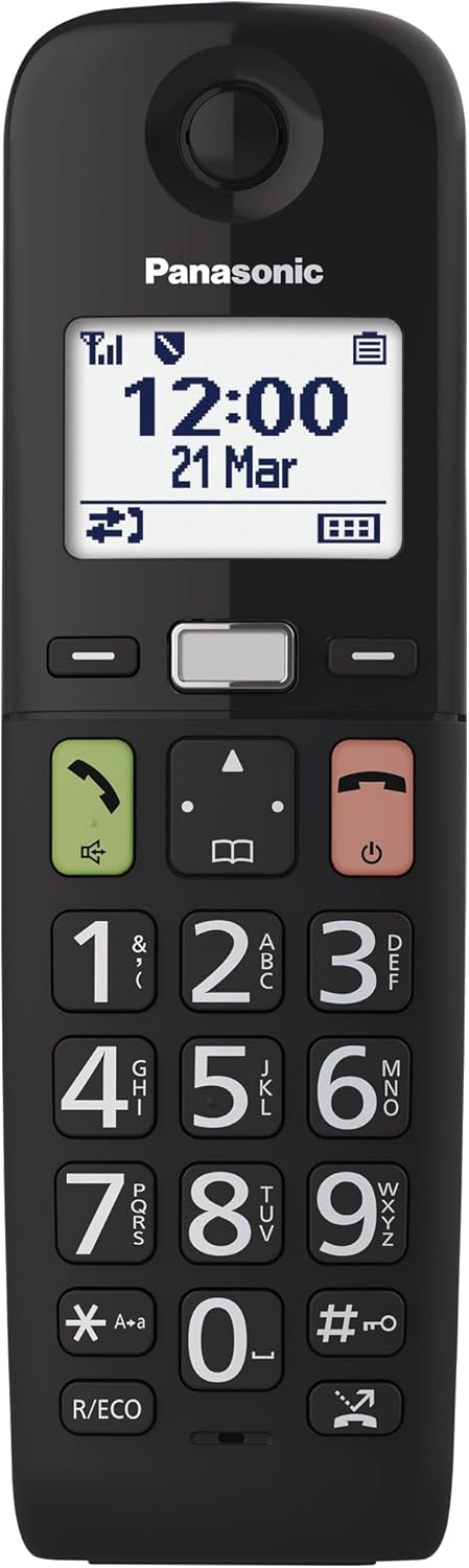 Teléfono inalámbrico negro con botones grandes y pantalla que muestra la hora y la fecha.