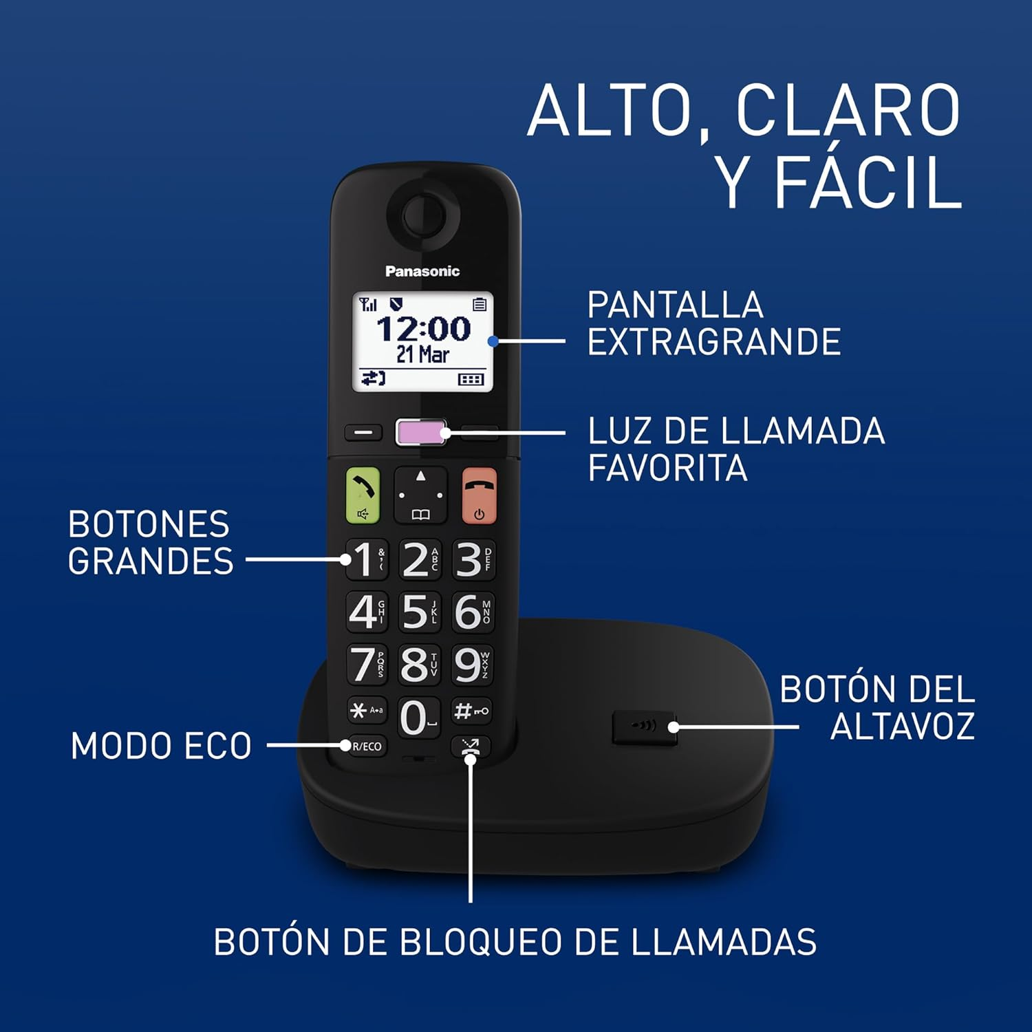 Teléfono negro con botones grandes.