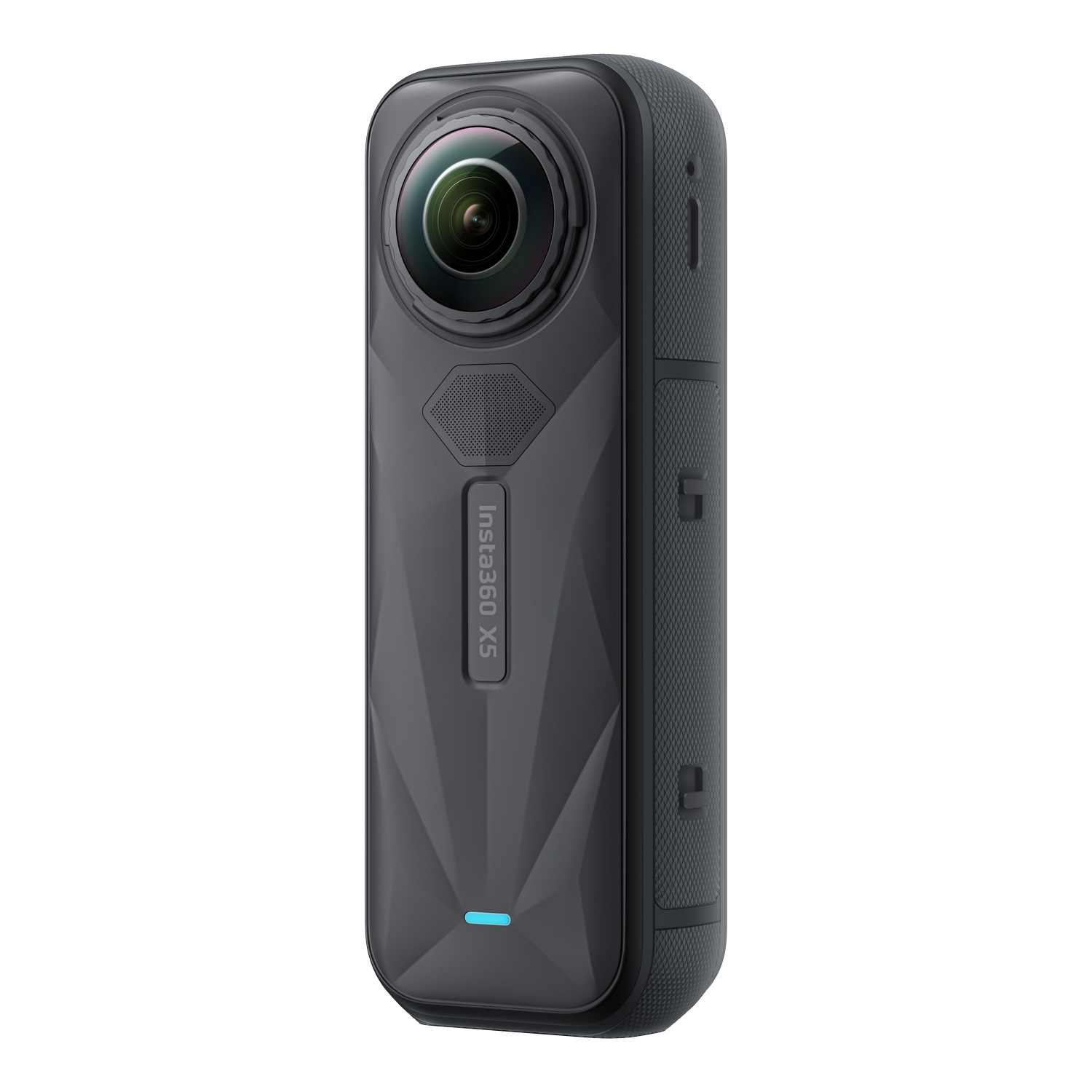 Una cámara negra Insta360 X3. Es cilíndrica con lente frontal y botones laterales.