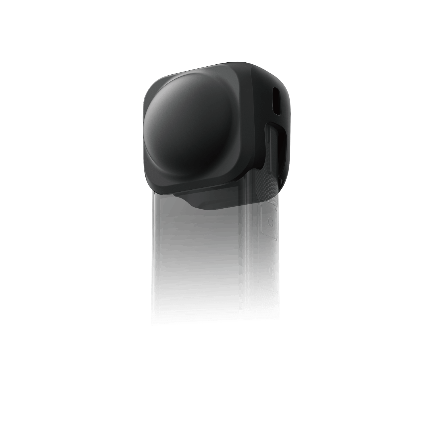 Cámara negra de 360 con una funda protectora sobre un fondo negro. Tiene una lente.