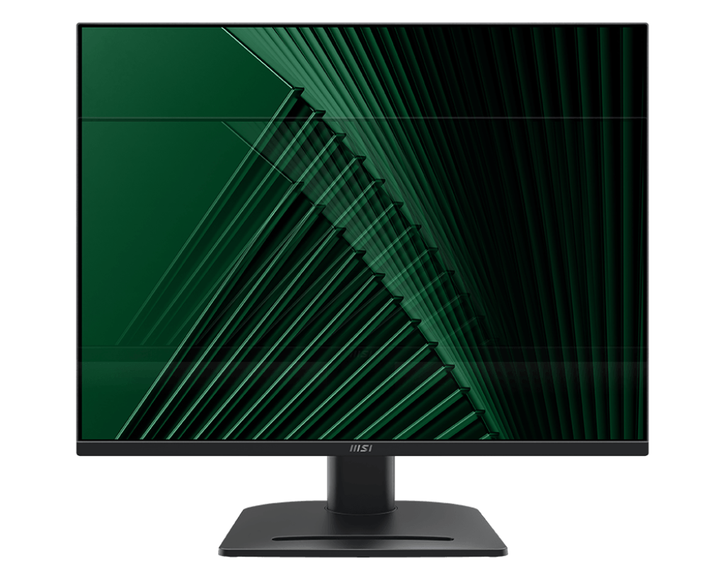 Monitor MSI en un soporte negro. La pantalla muestra un patrón abstracto verde. Marco negro.