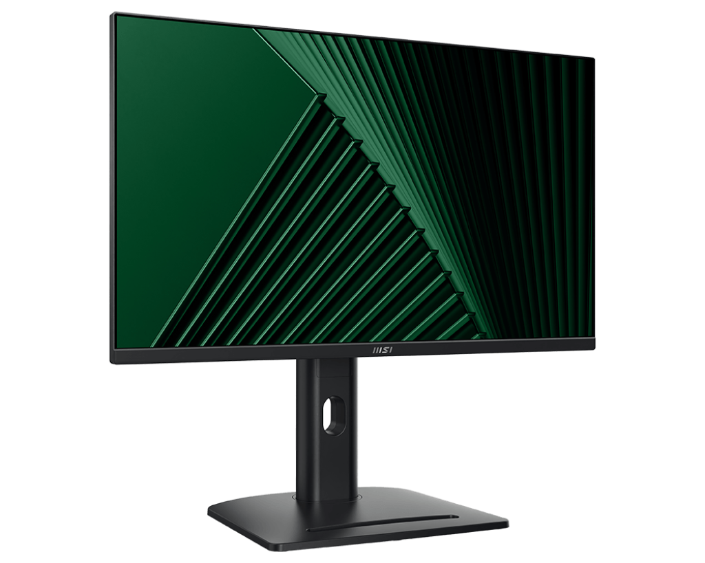 Monitor negro con fondo verde. Soporte negro, pantalla con líneas verdes.