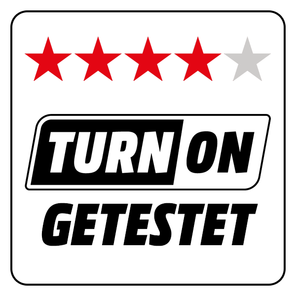 Logo mit Text 'TURN ON GETESTET' und fünf roten Sternen, ein grauer Stern.