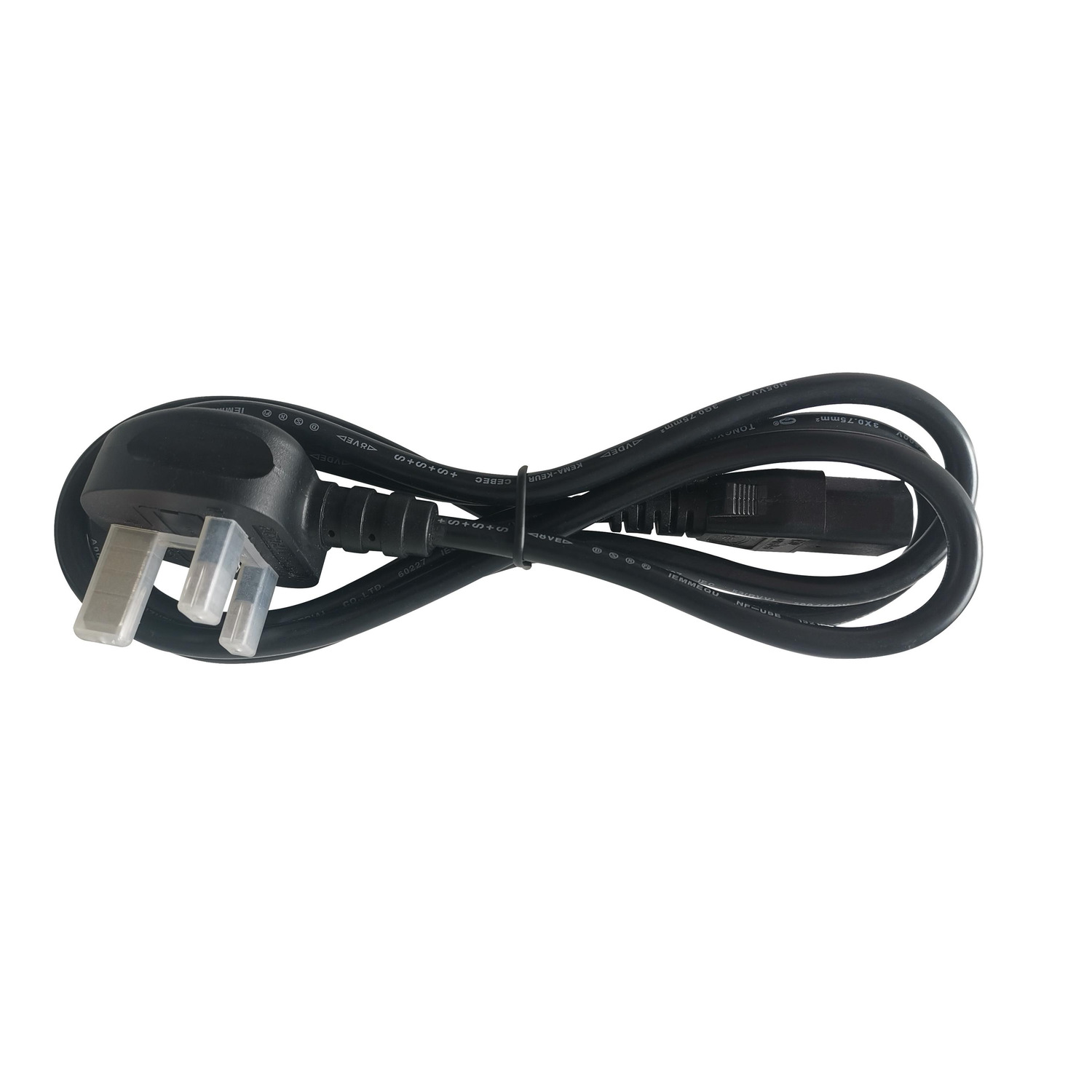 A black power cable with a UK plug and an IEC connector.