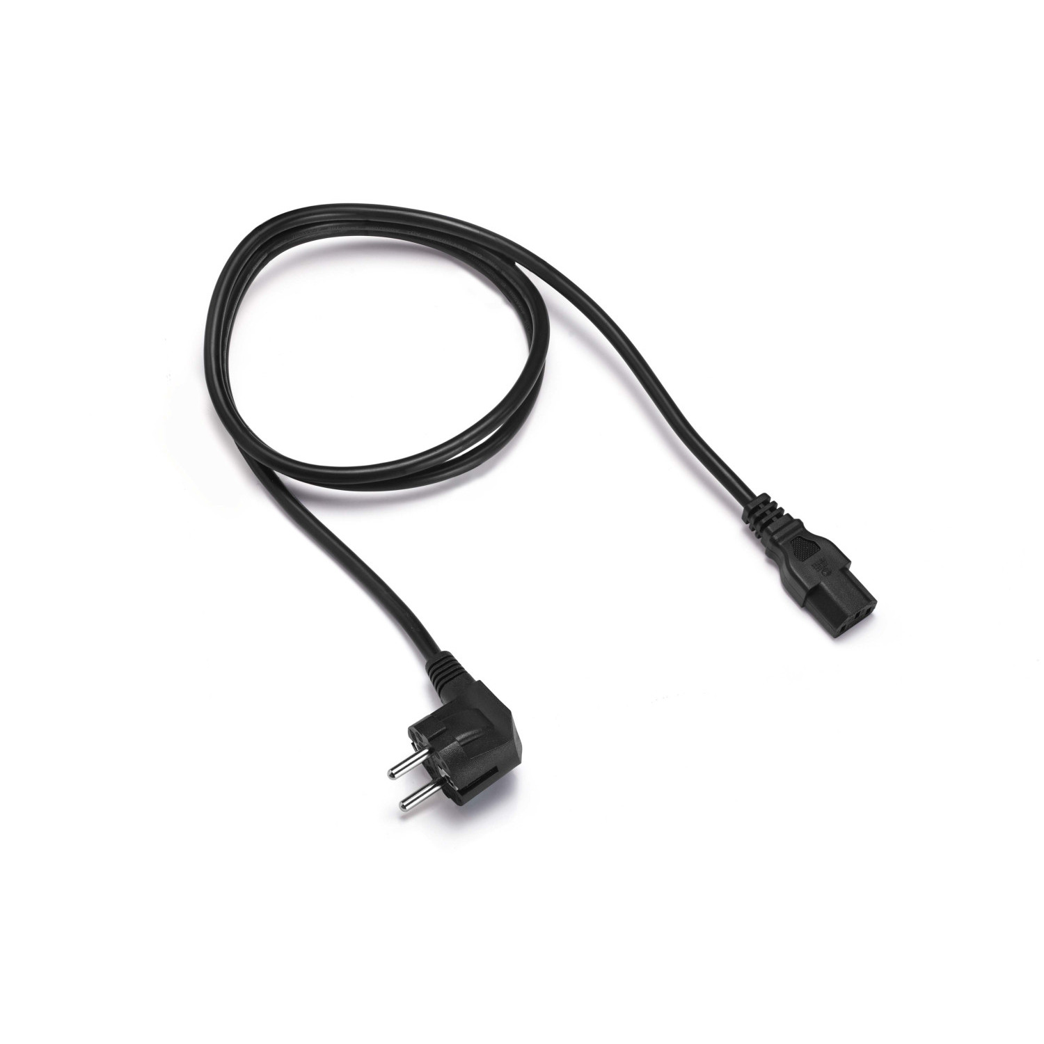 Black power cable with two plugs, one angled. The background is white.
