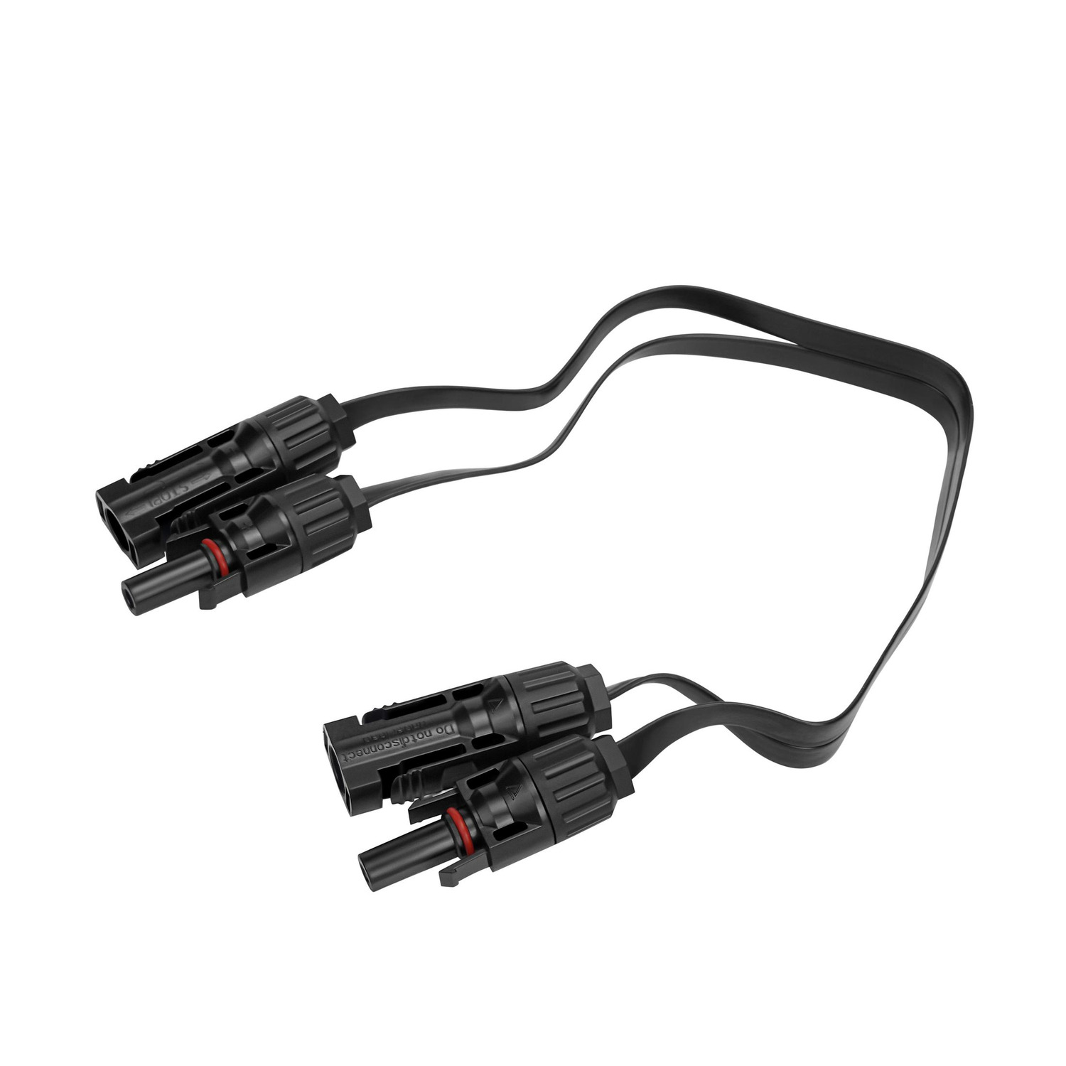 Black Y-shaped connector with two female ports, for solar panel cables, on a white background.