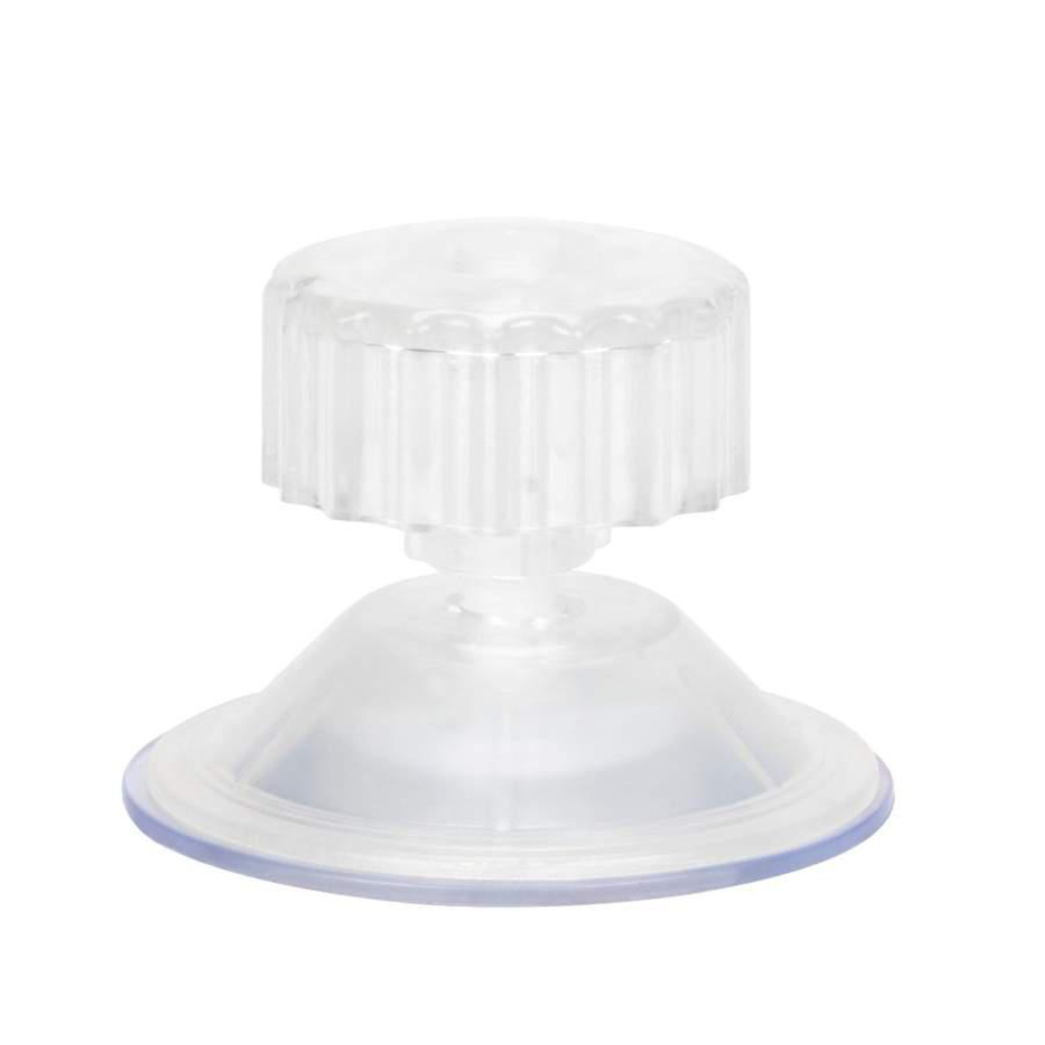 A clear plastic suction cup with a ridged top and a blue ring around the base.