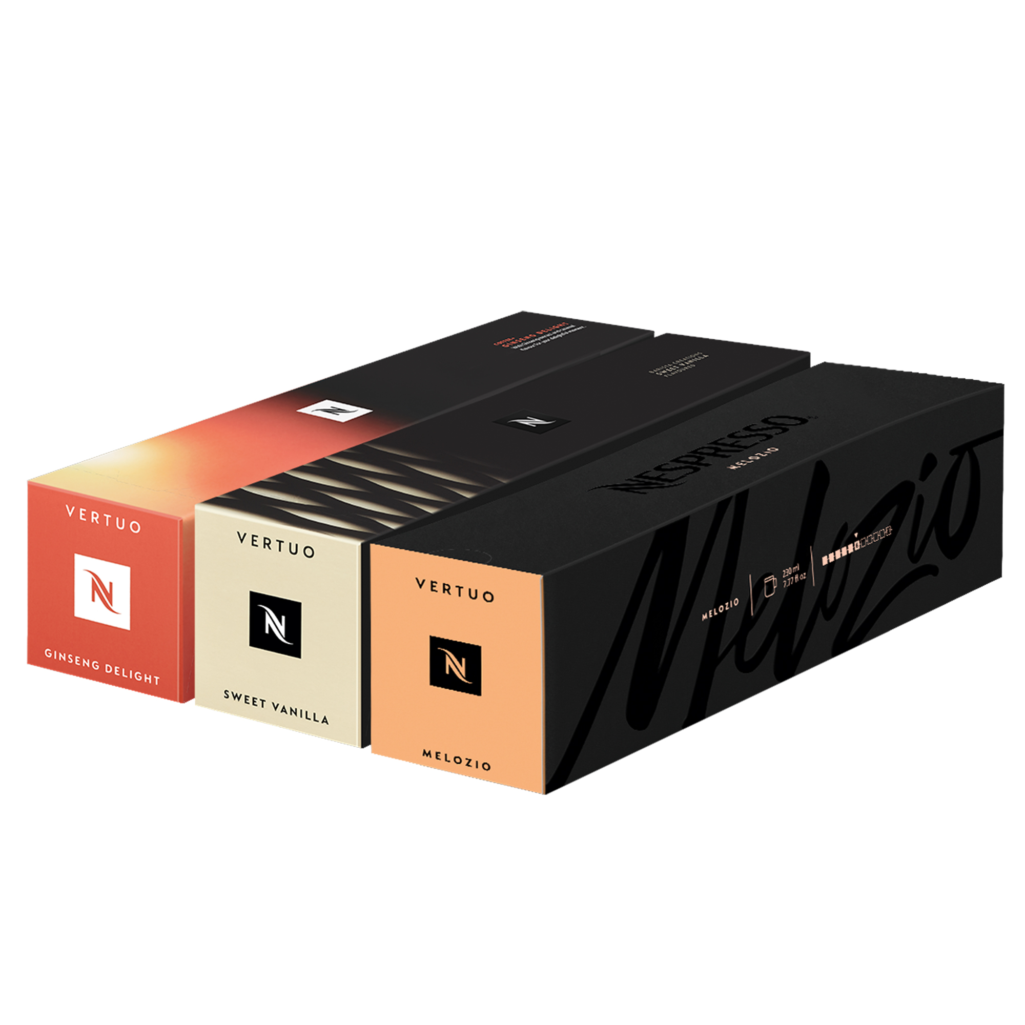 Trzy pudełka kawy Nespresso Vertuo, z tekstem i kolorami. Są ustawione w rzędzie.