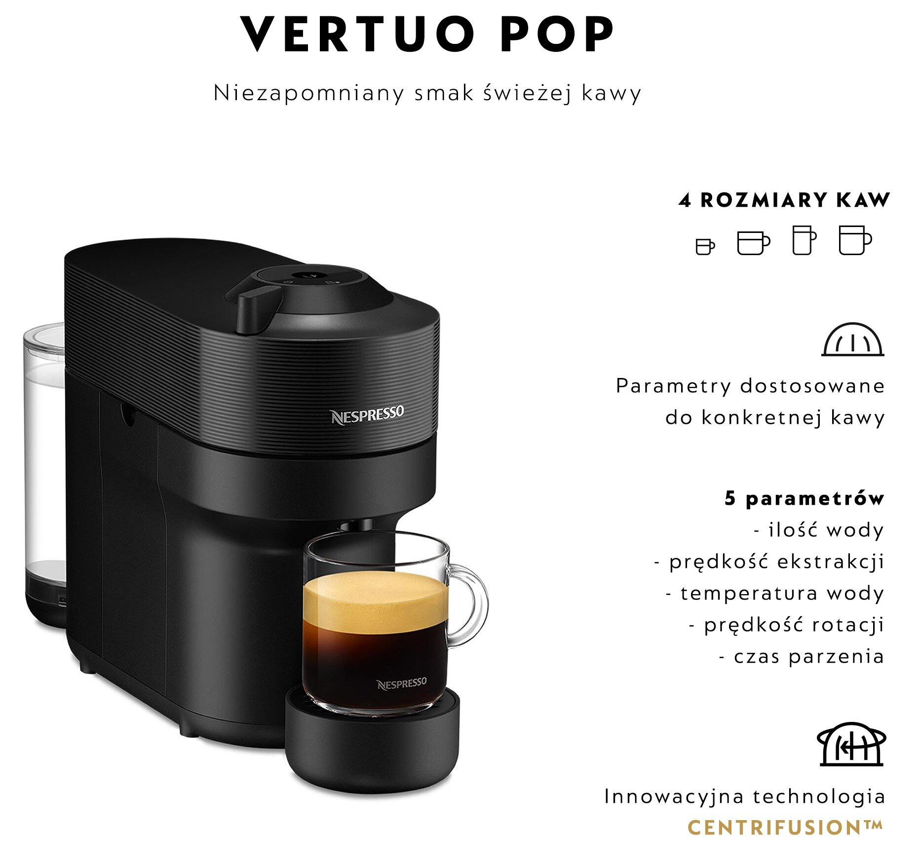 Zbliżenie na czarny ekspres do kawy Nespresso Vertuo Pop.