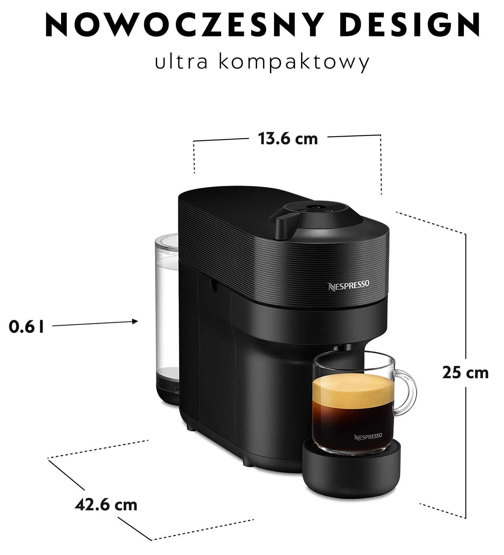 Czarny ekspres do kawy Nespresso, szklanka z kawą, wymiary, białe tło.