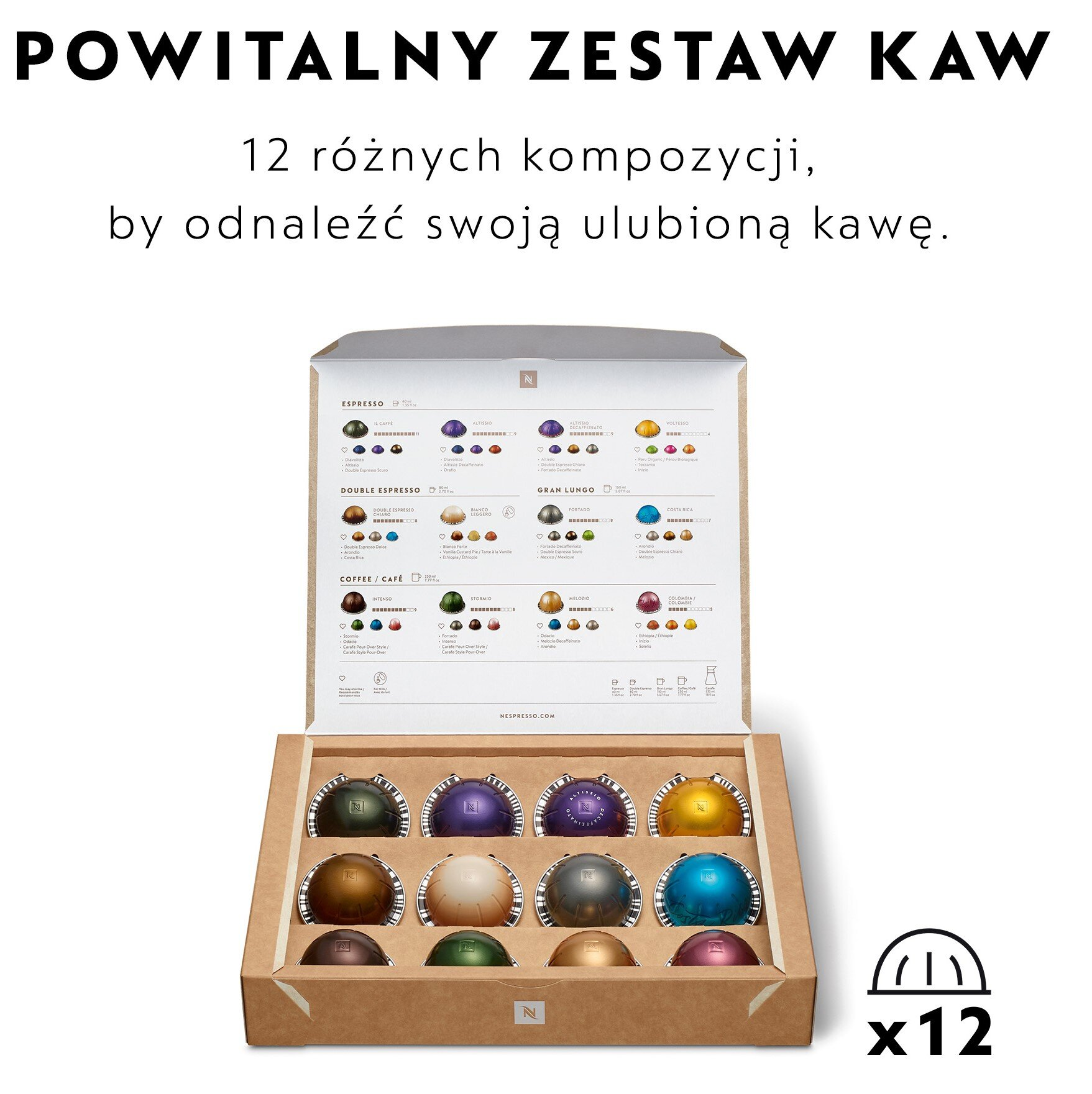 Pudełko kapsułek do kawy z napisem 'Welcome Coffee Set'. Dostępnych jest 12 różnych kompozycji.