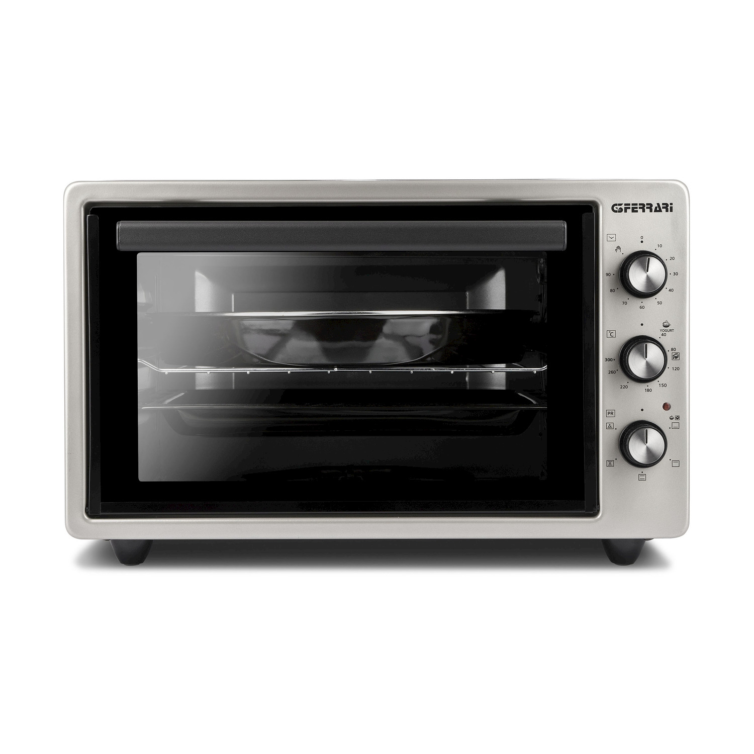 Forno argentato con porta in vetro. Manopole e marchio a destra.