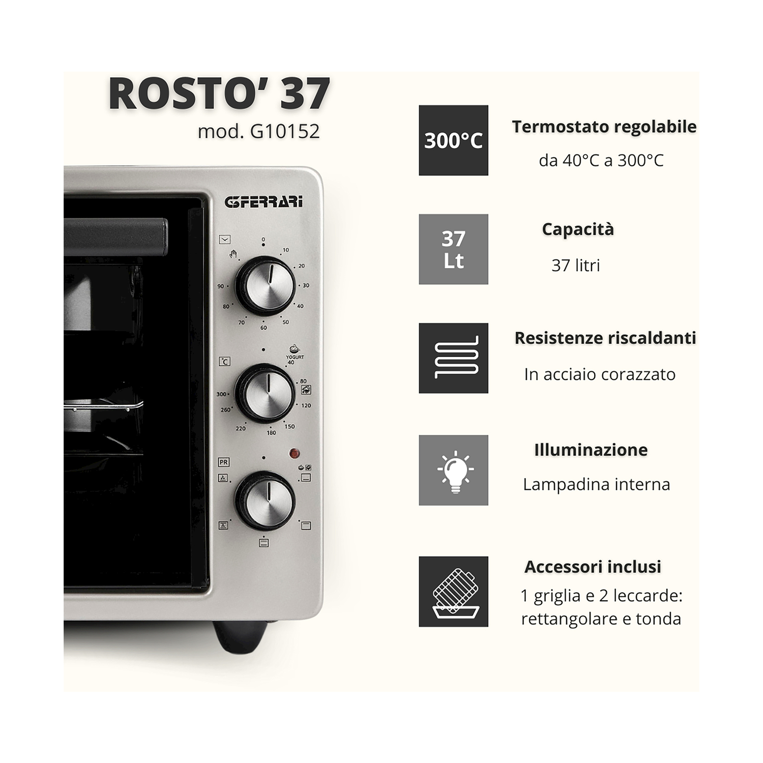 Un forno bianco con manopole di controllo e un elenco di funzioni, tra cui temperatura e capacità.