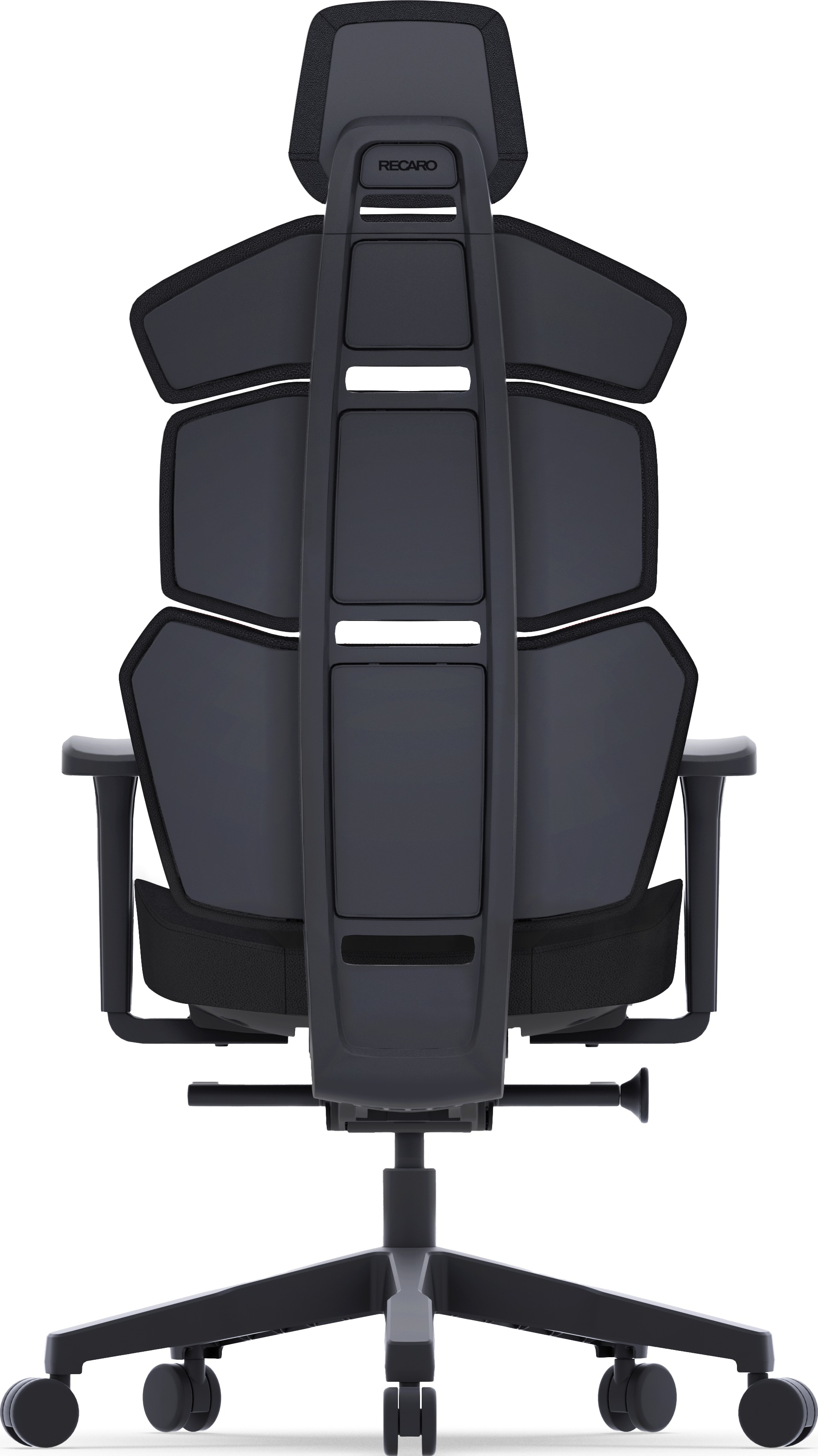 Vista posteriore di una sedia da ufficio Recaro, nera, con poggiatesta e ruote.